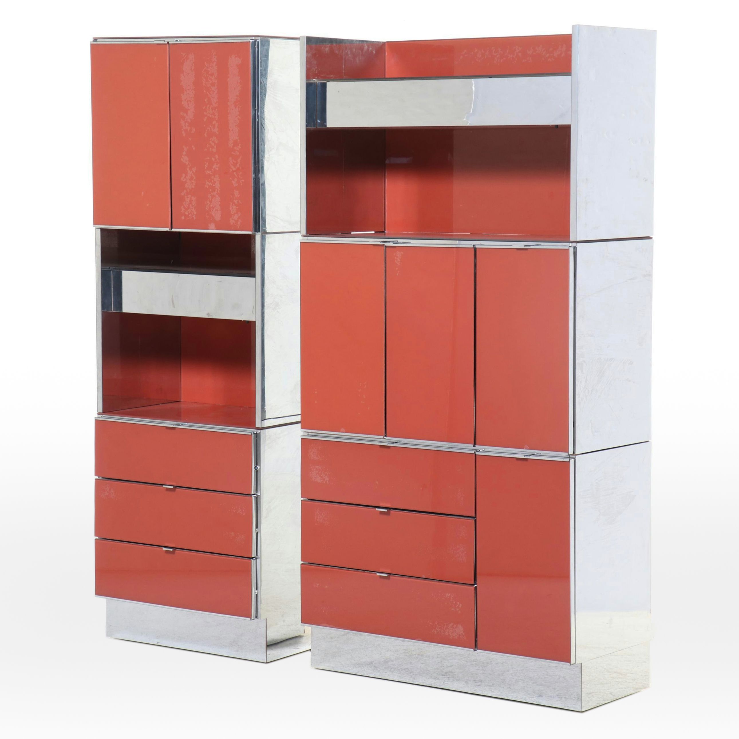 Ello Furniture Mid Century Modern Lacquered Glass and Chrome Cabinets
