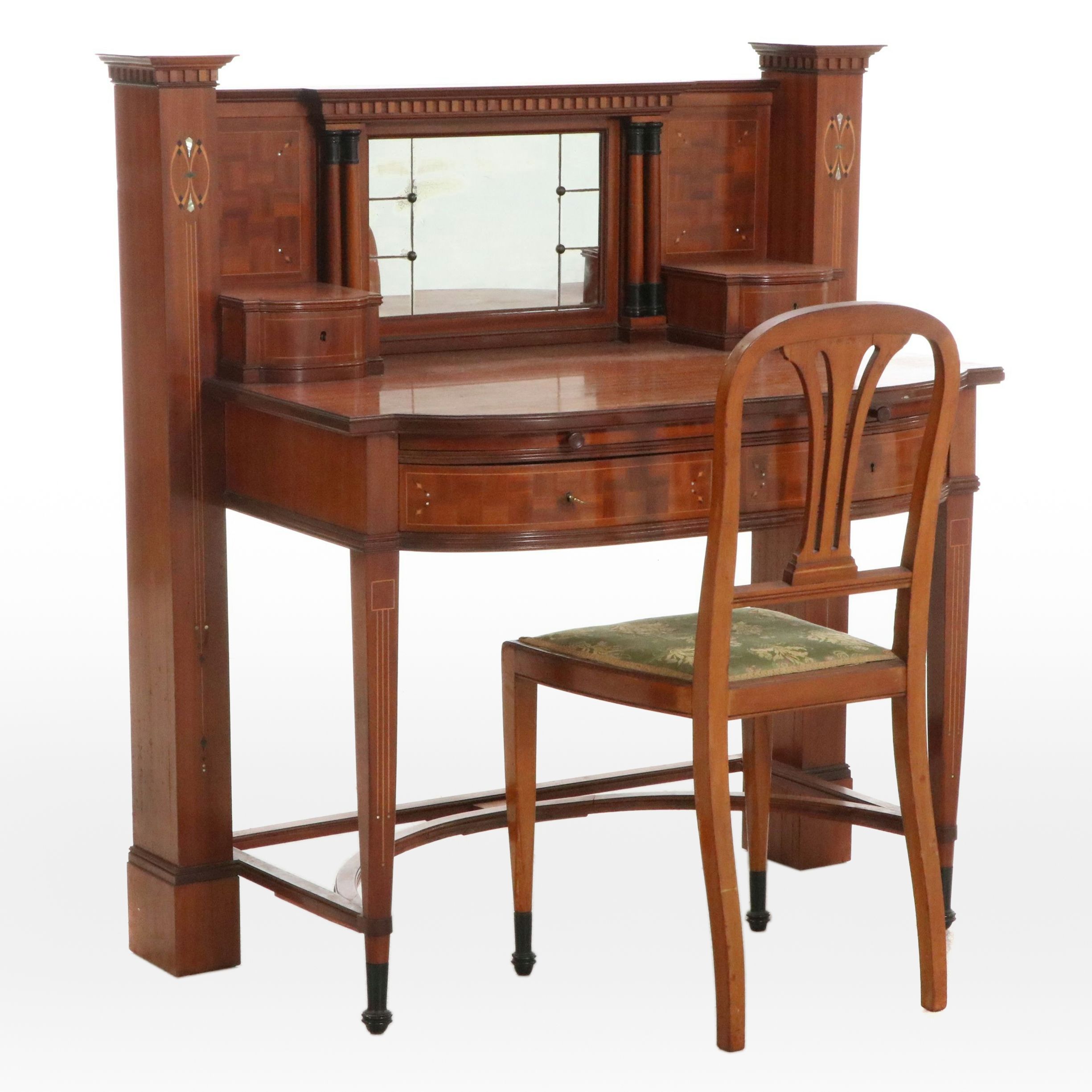 J. Groschkus Mahogany Dressing Table and Chair w/ MOP, Ebony, Satinwood Inlays