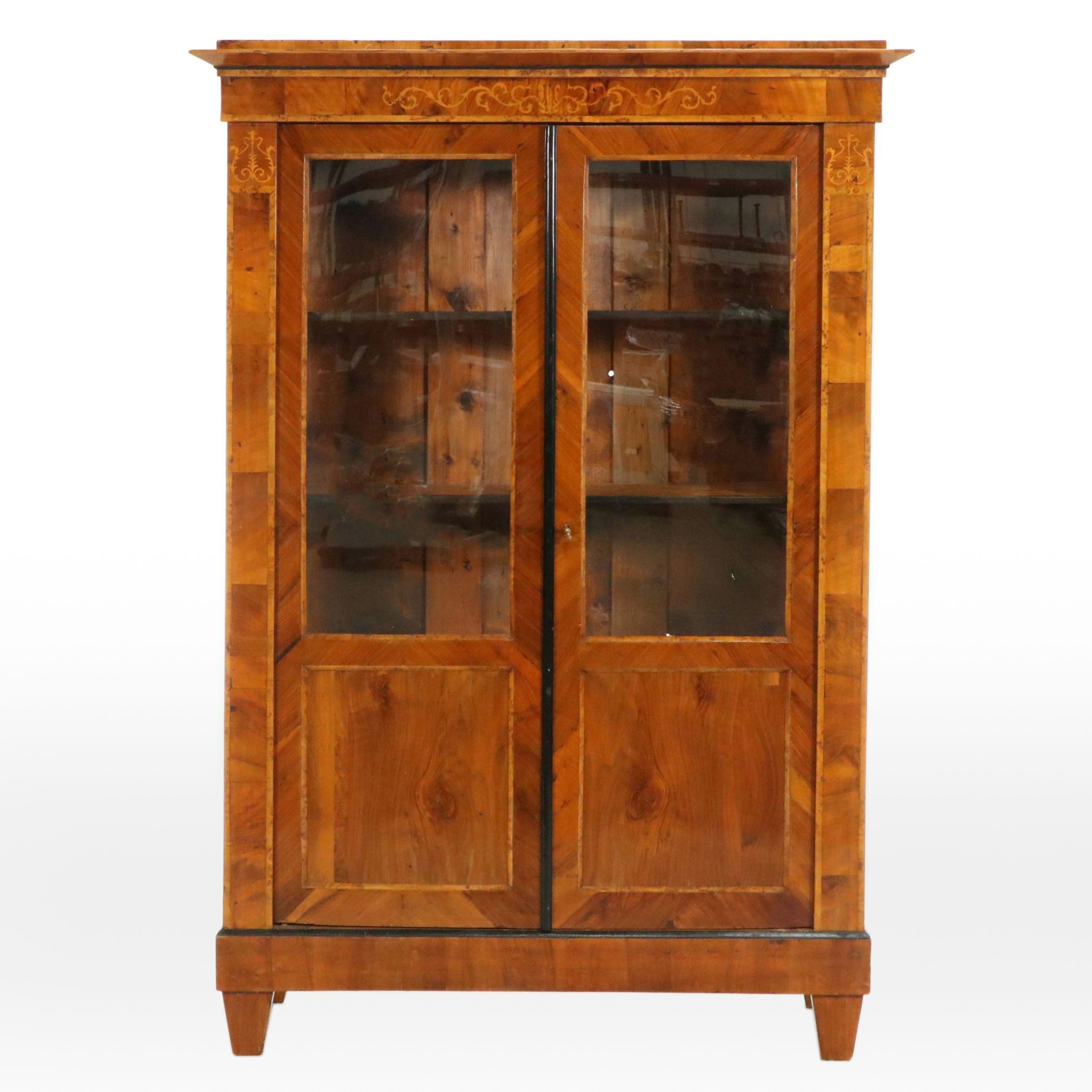 English Walnut Cabinet Bookcase with Marquetry Inlay, 19th Century