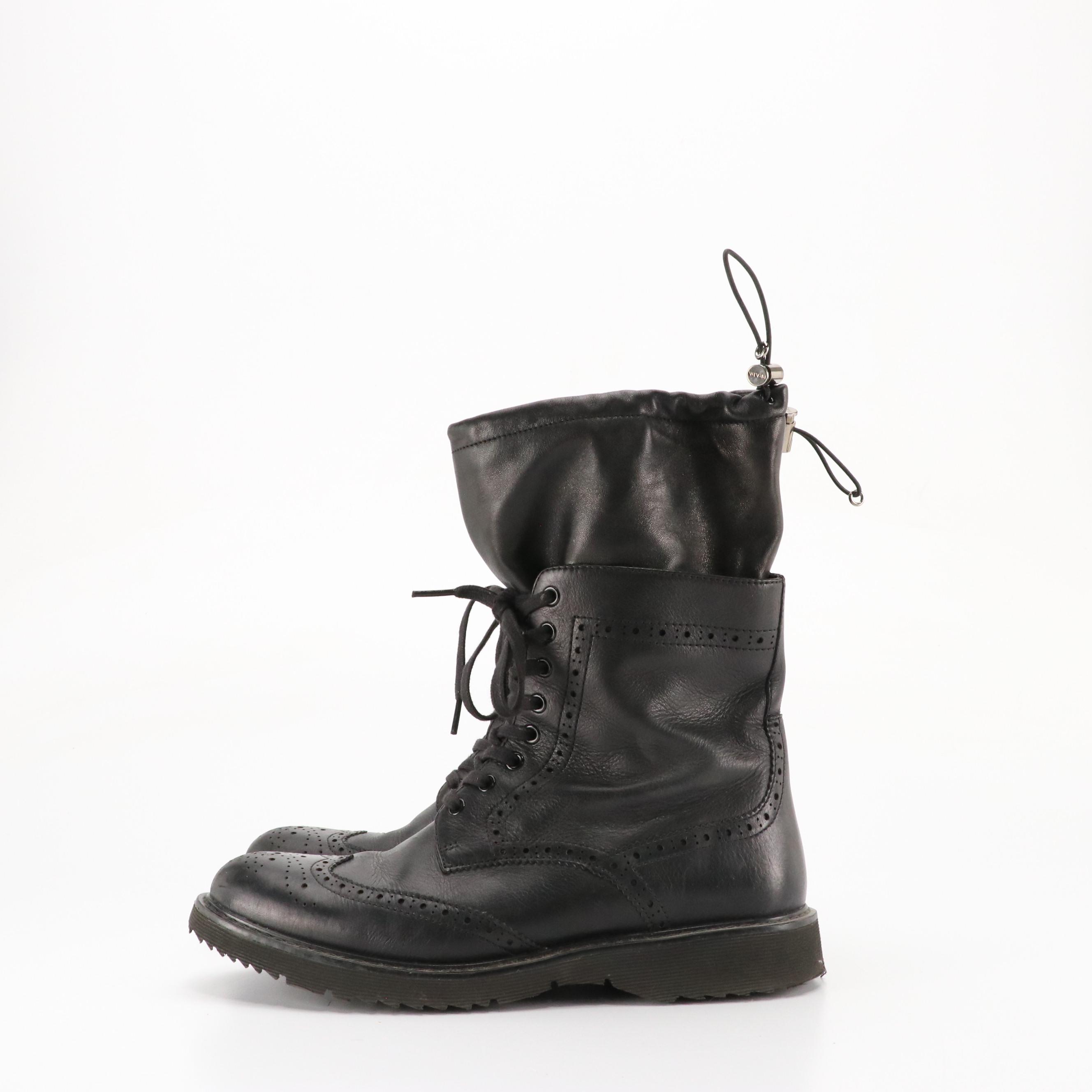 Prada Mid-Calf Wingtip Boots in Black Leather