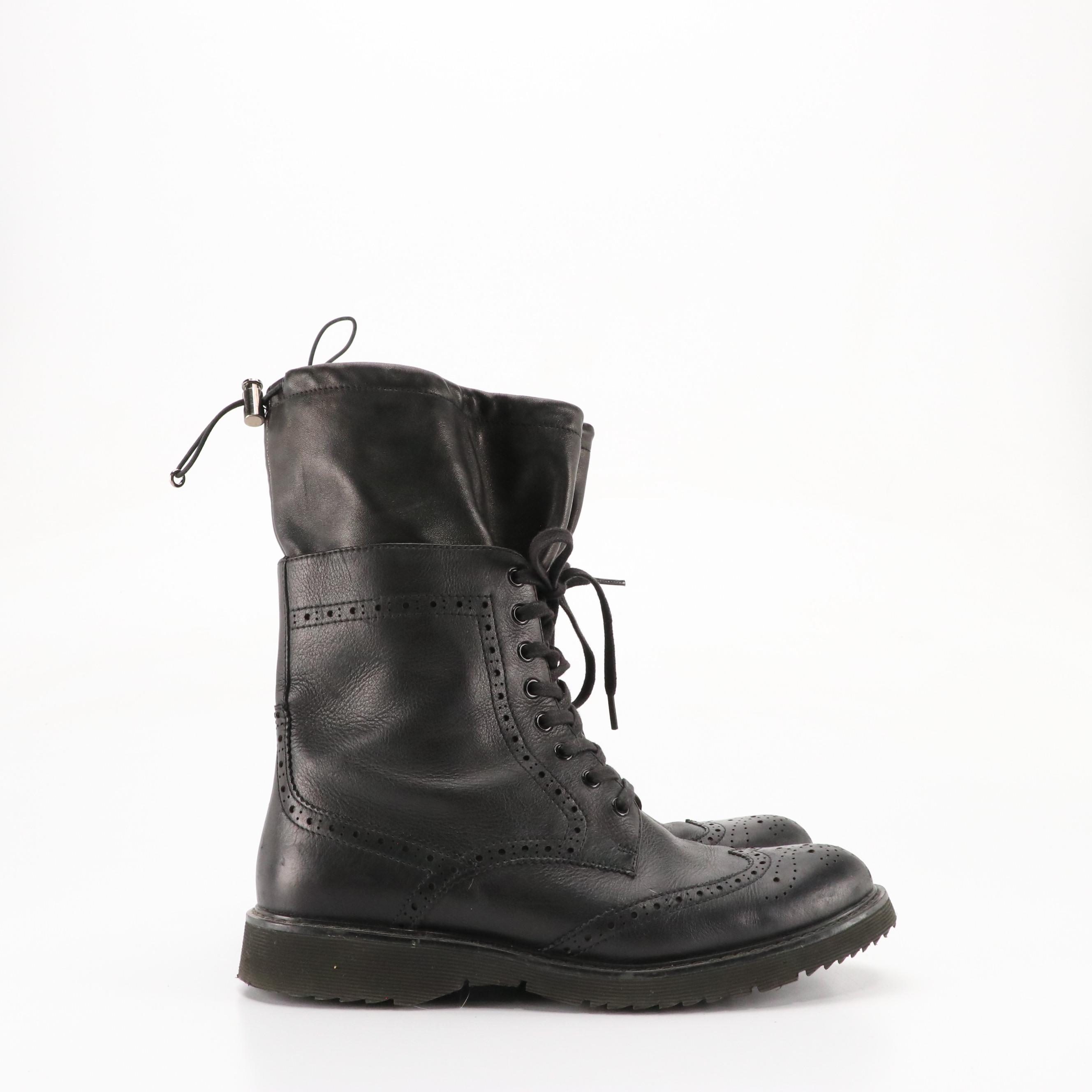Prada Mid-Calf Wingtip Boots in Black Leather