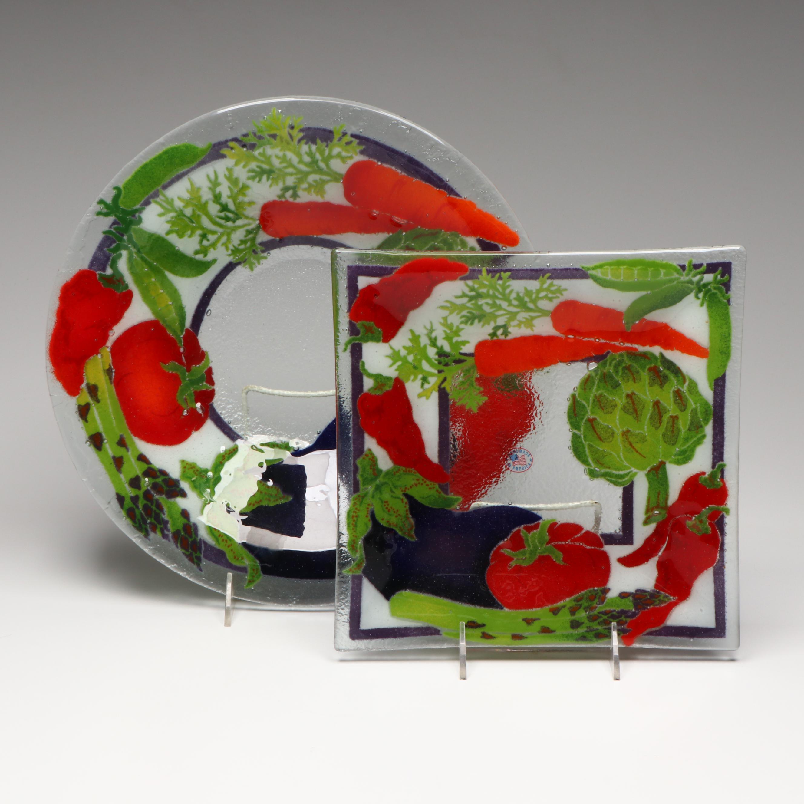 Peggy Karr Vegetable Pattern Fused Art Glass Bowl and Square Platter