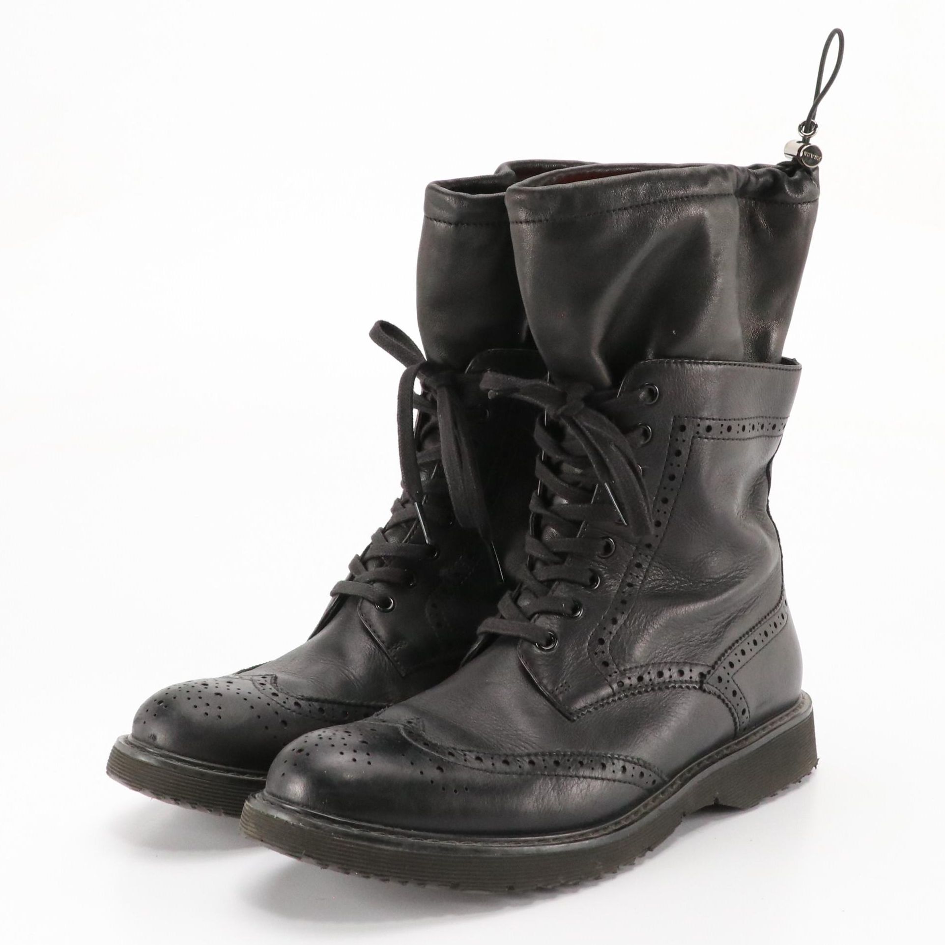 Prada Mid-Calf Wingtip Boots in Black Leather