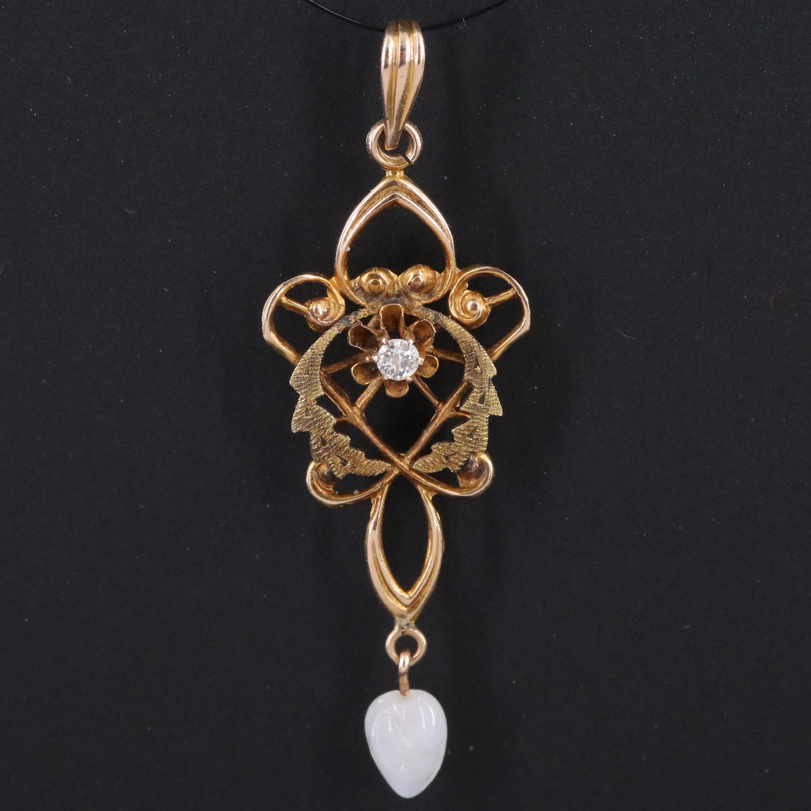 Art Nouveau 10K Diamond and Pearl Lavalier Pendant with Green Gold Accent