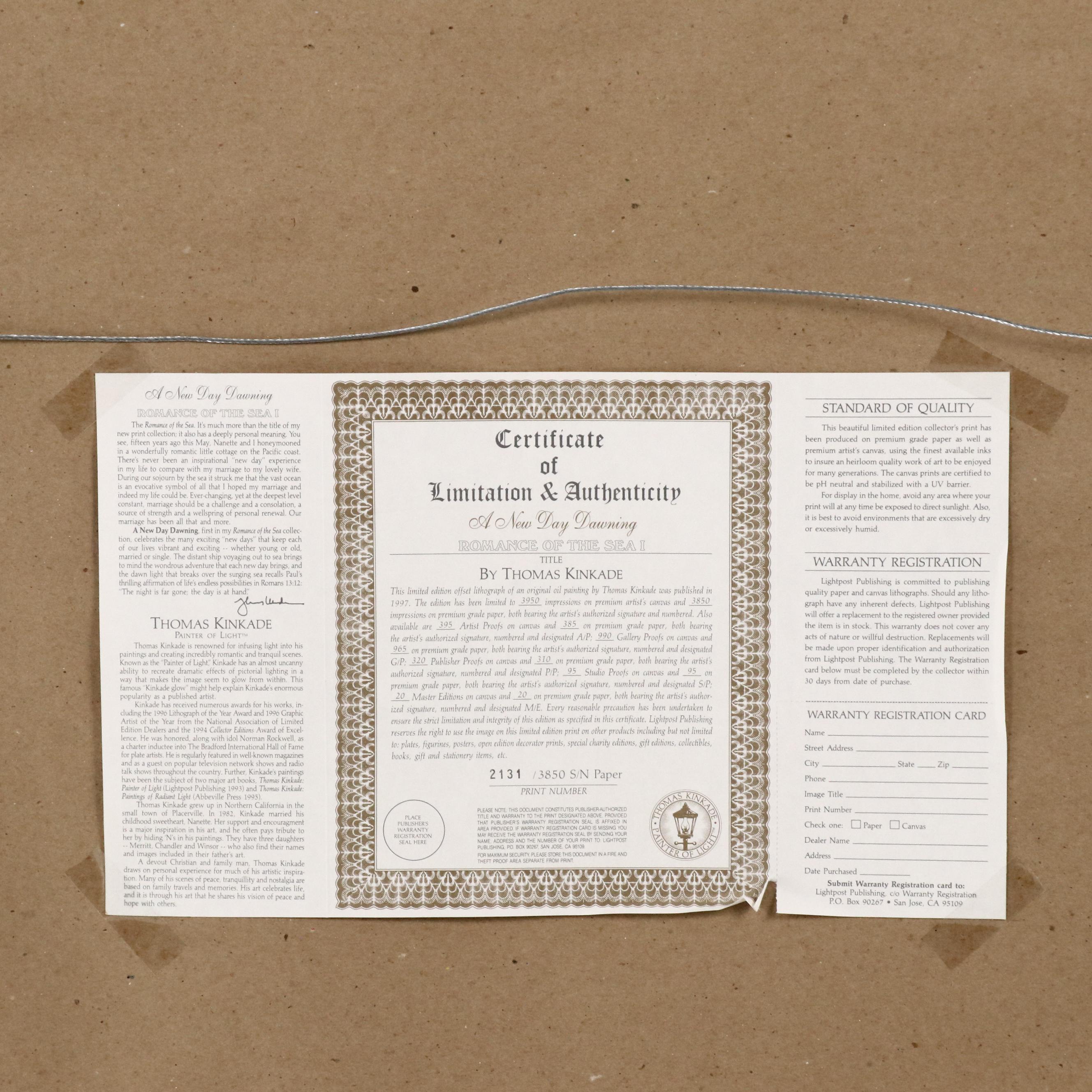 Offset Lithograph After Thomas Kinkade "A New Day Dawning"