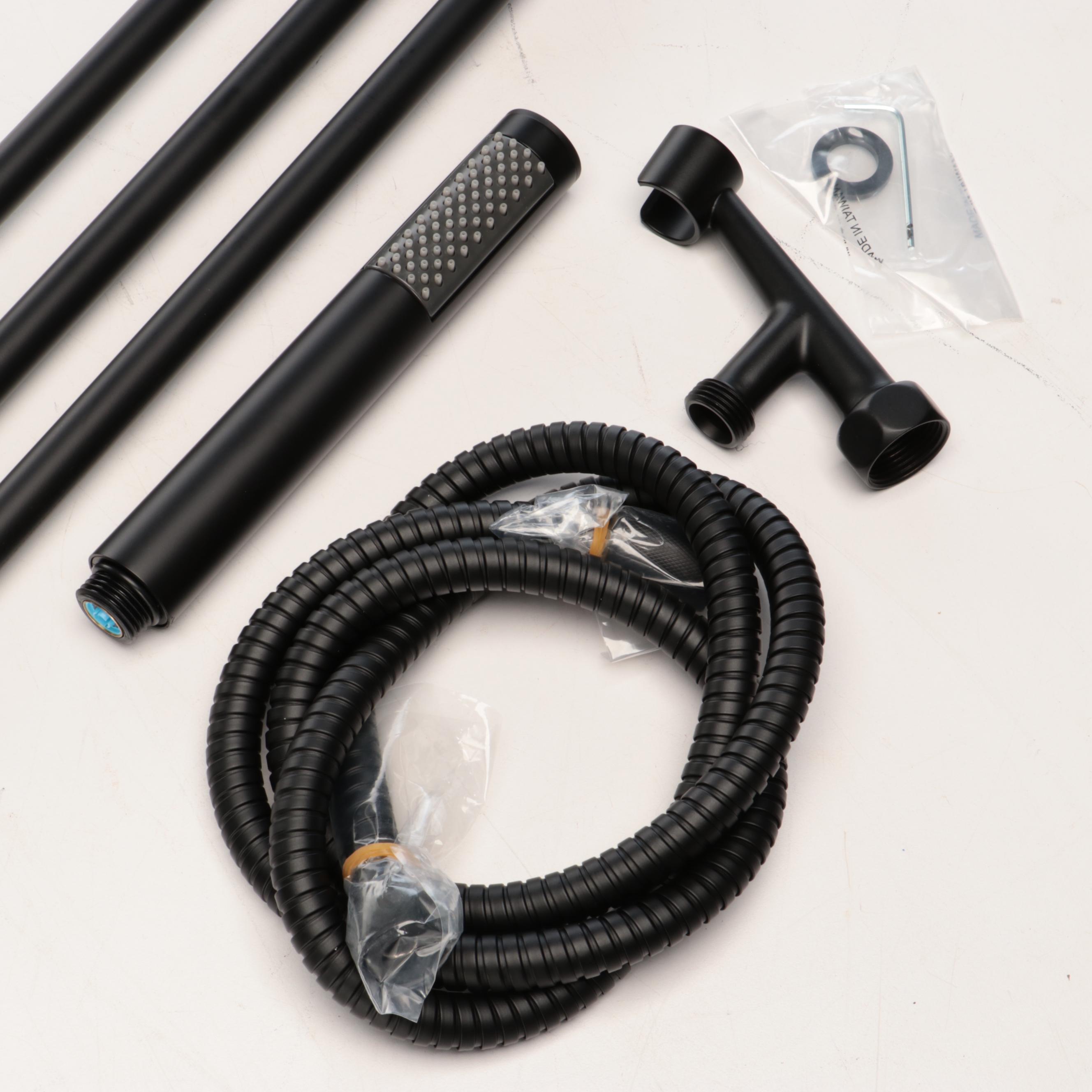 Matte Black Linear Shower Drain, Hoop Shower Curtain Rods & Hand Shower