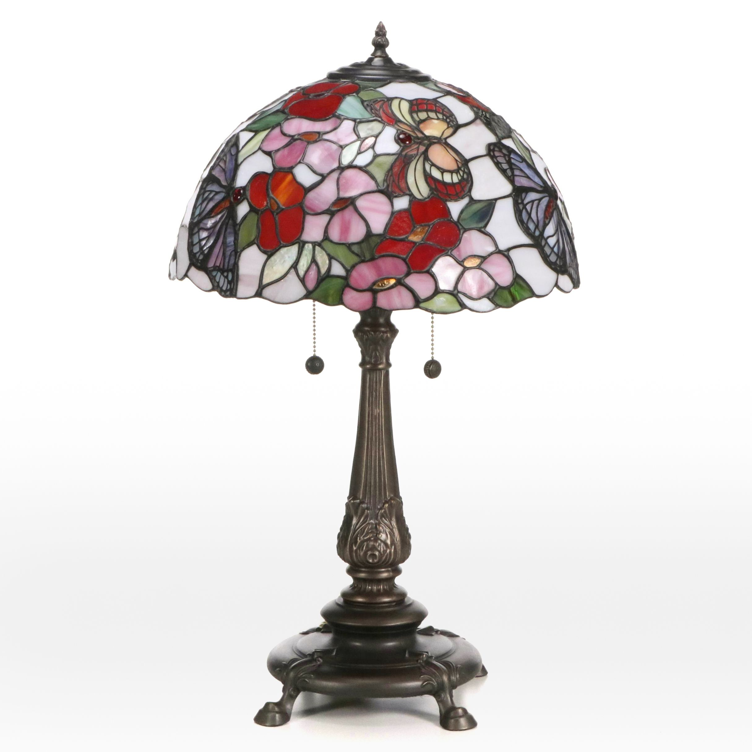 Pressed Metal Table Lamp with Slag Glass Flowers and Butterfly Shade