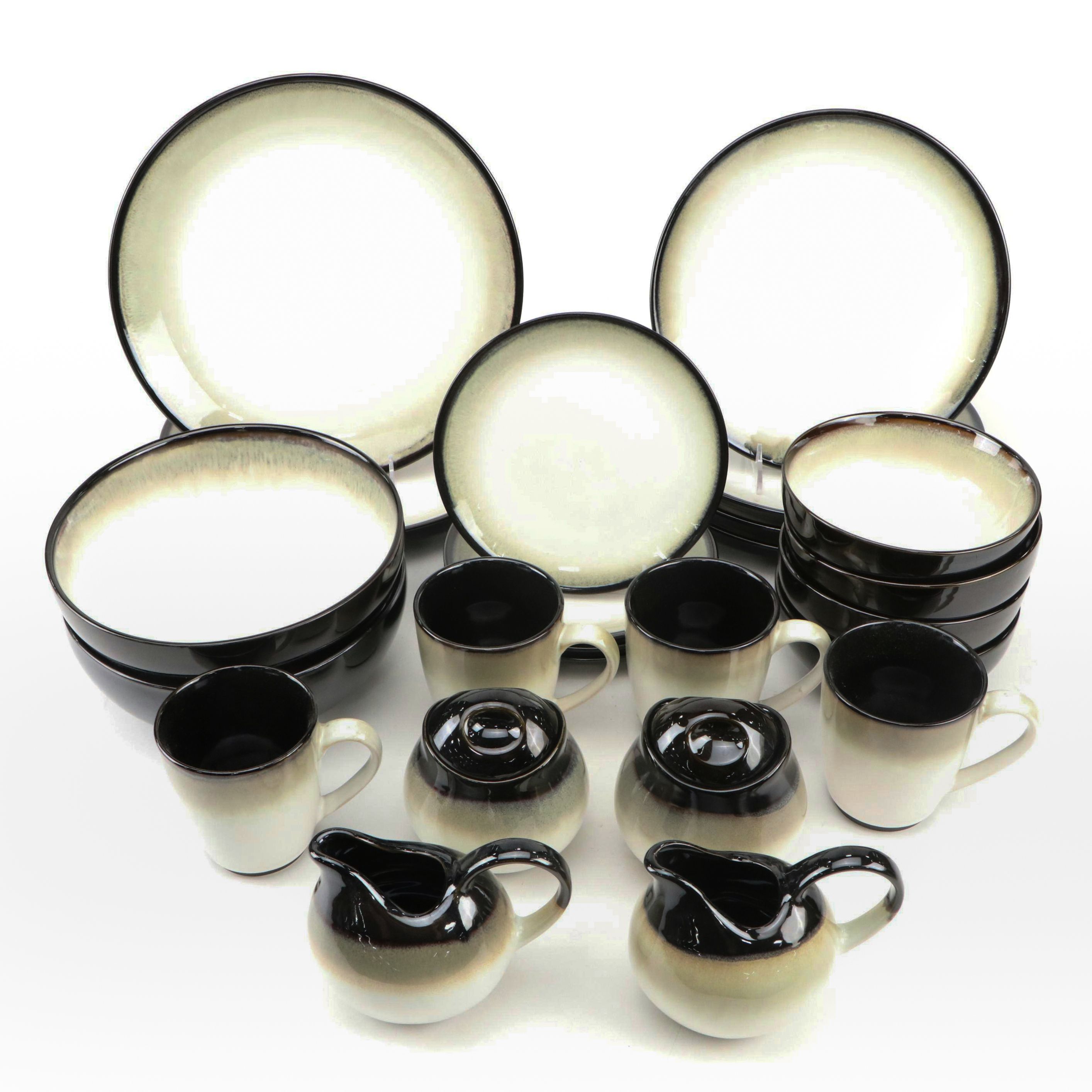 Sango "Nova Black" Ceramic  Dinnerware and Serving Pieces, Mid to Late 20th C.