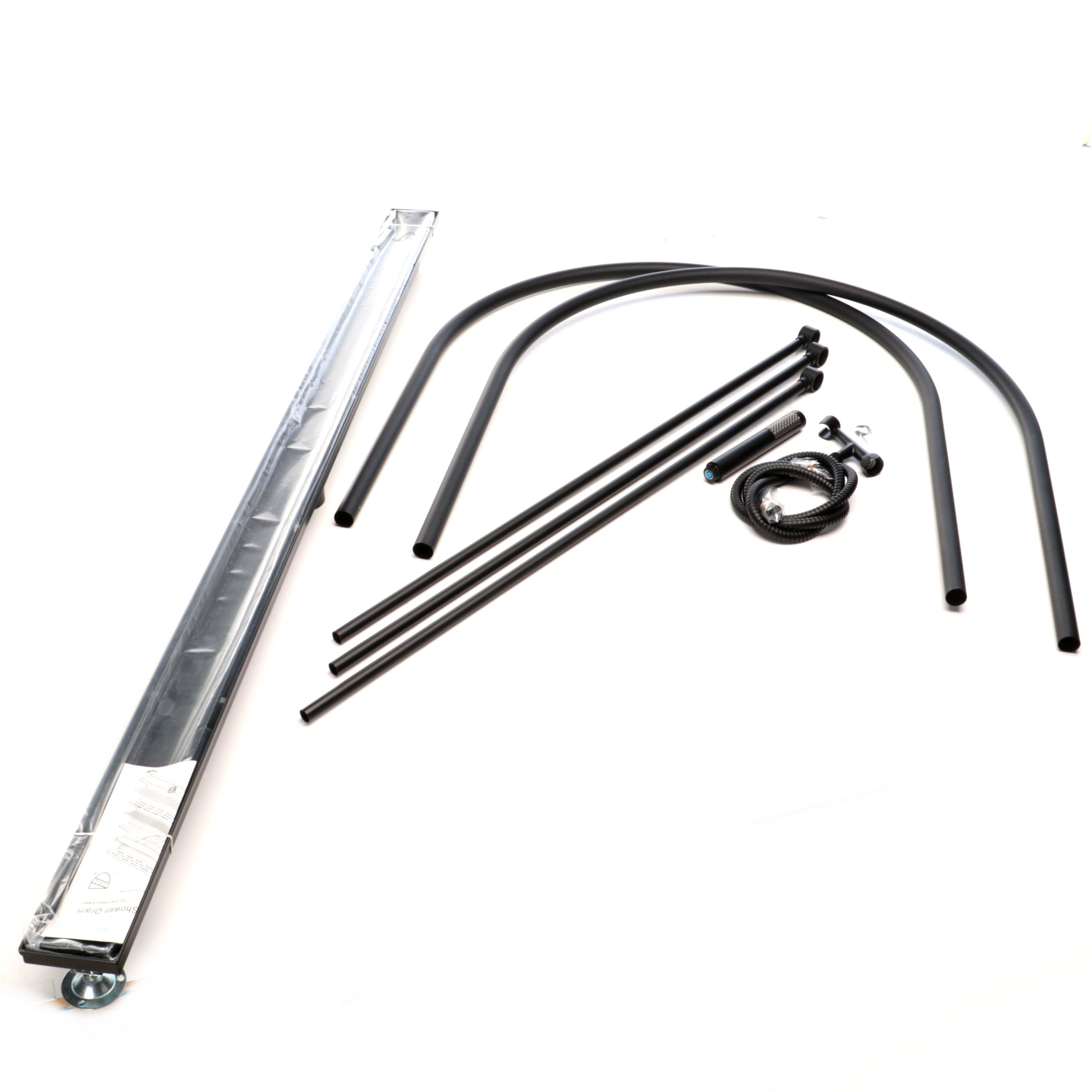 Matte Black Linear Shower Drain, Hoop Shower Curtain Rods & Hand Shower