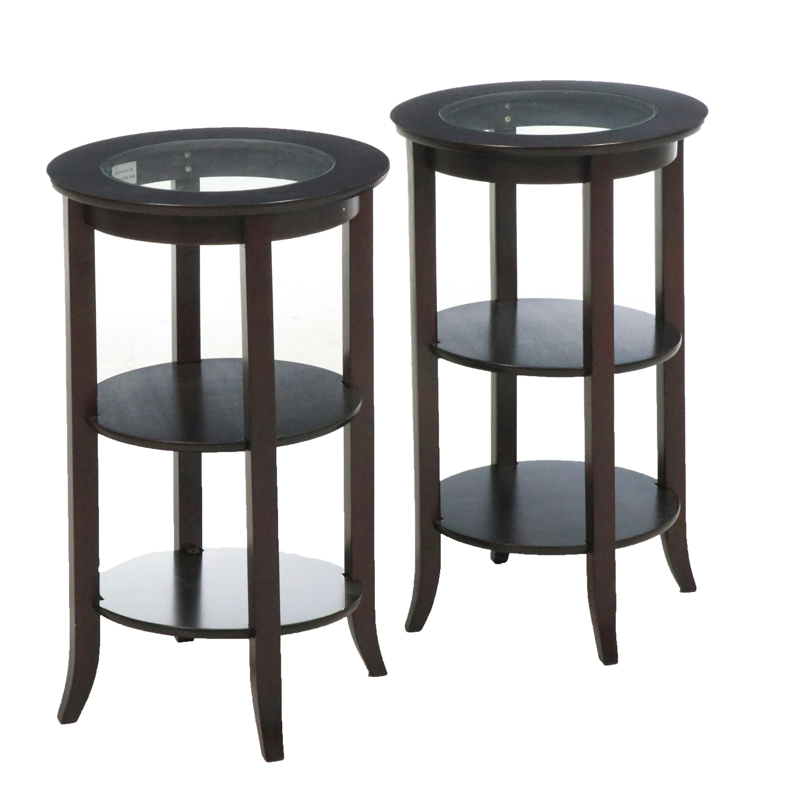 Pair of Contemporary Glass and Espresso Finish Tiered End Tables
