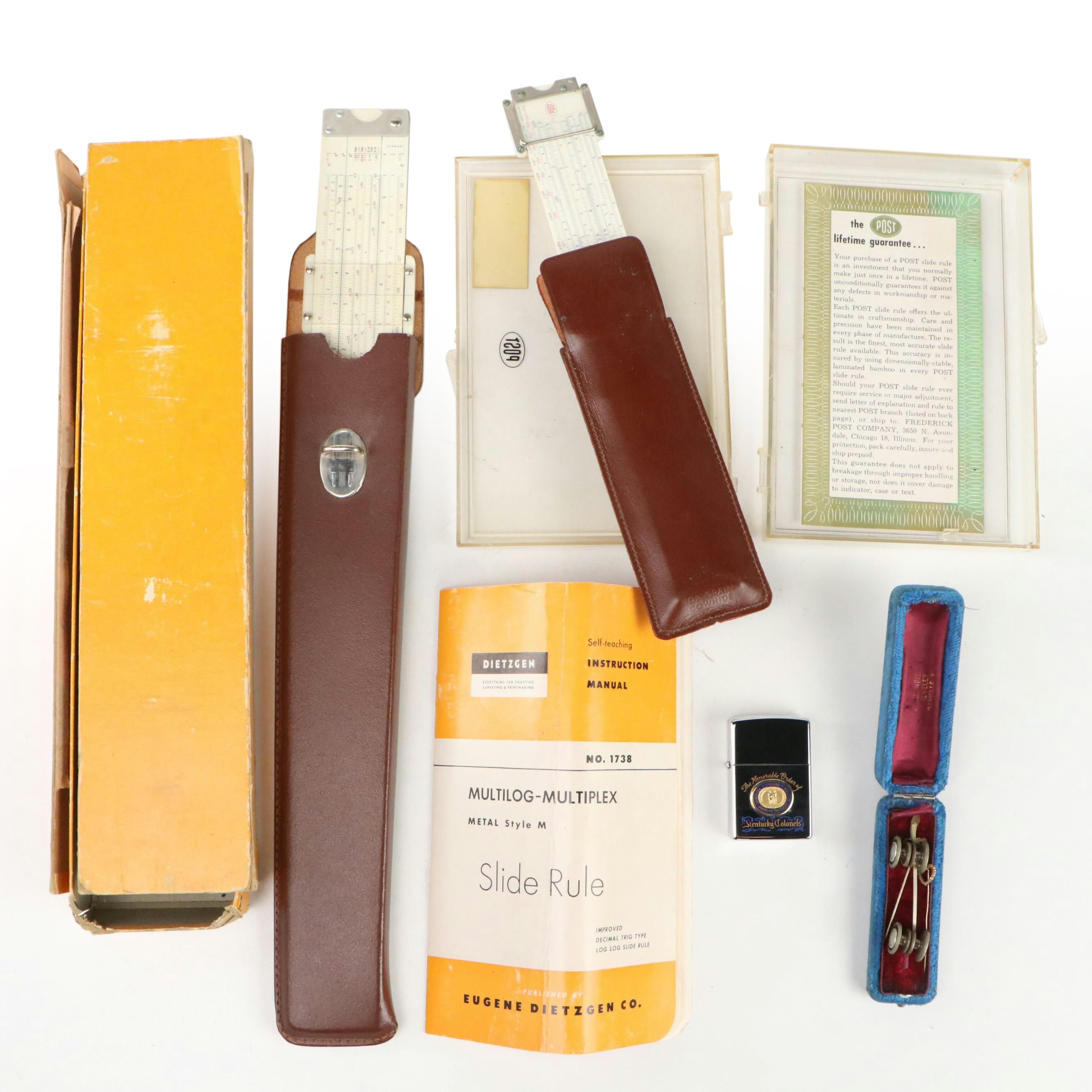 Dietzgen Metal Style M and Post Slide Rules with Leather Cases