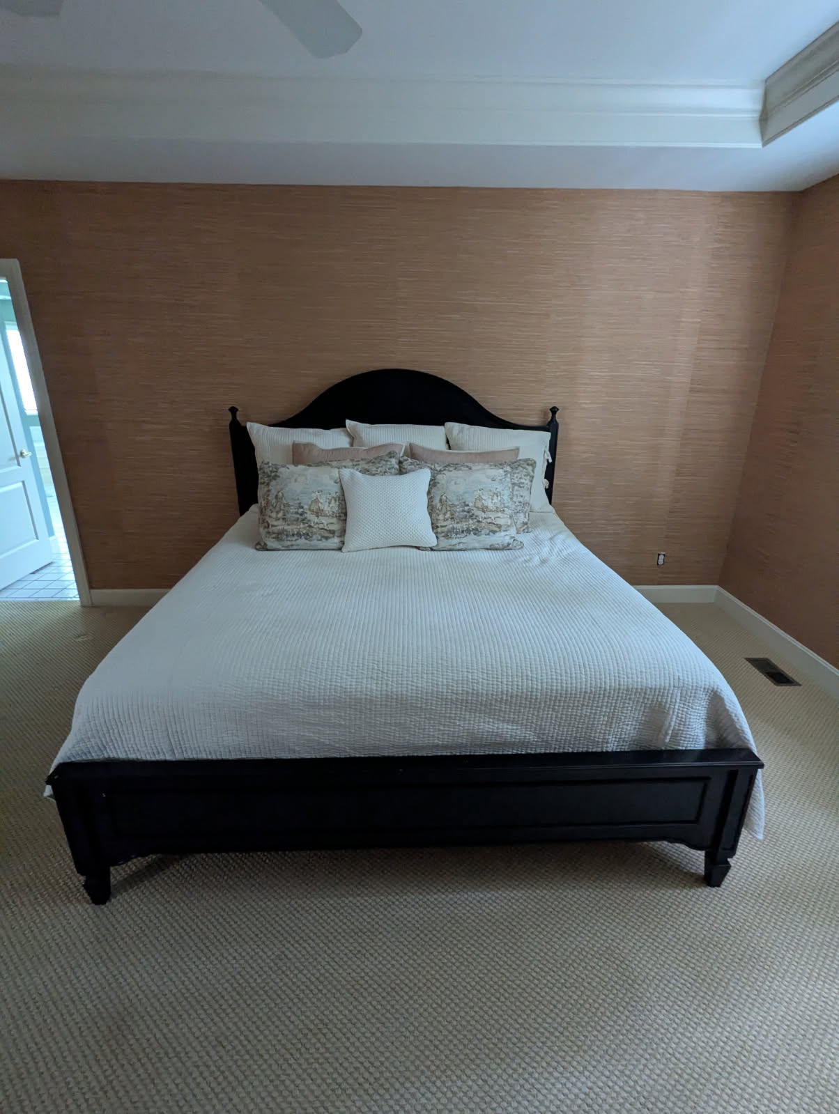 Stanley Furniture King Black Painted Panel Bed, Bedding and Accent Pillows