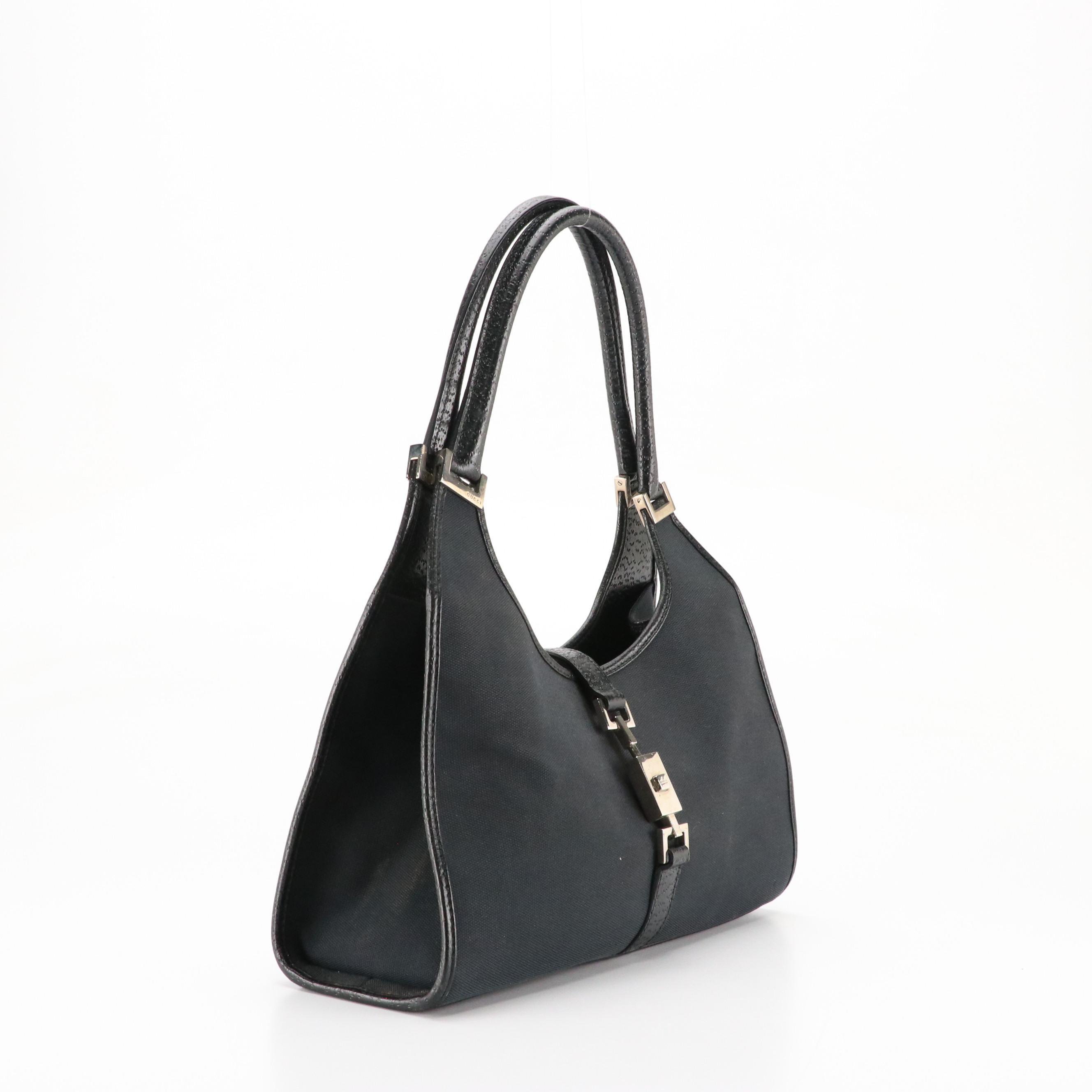 Gucci Jackie Bardot Shoulder Bag in Black GG Canvas and Leather