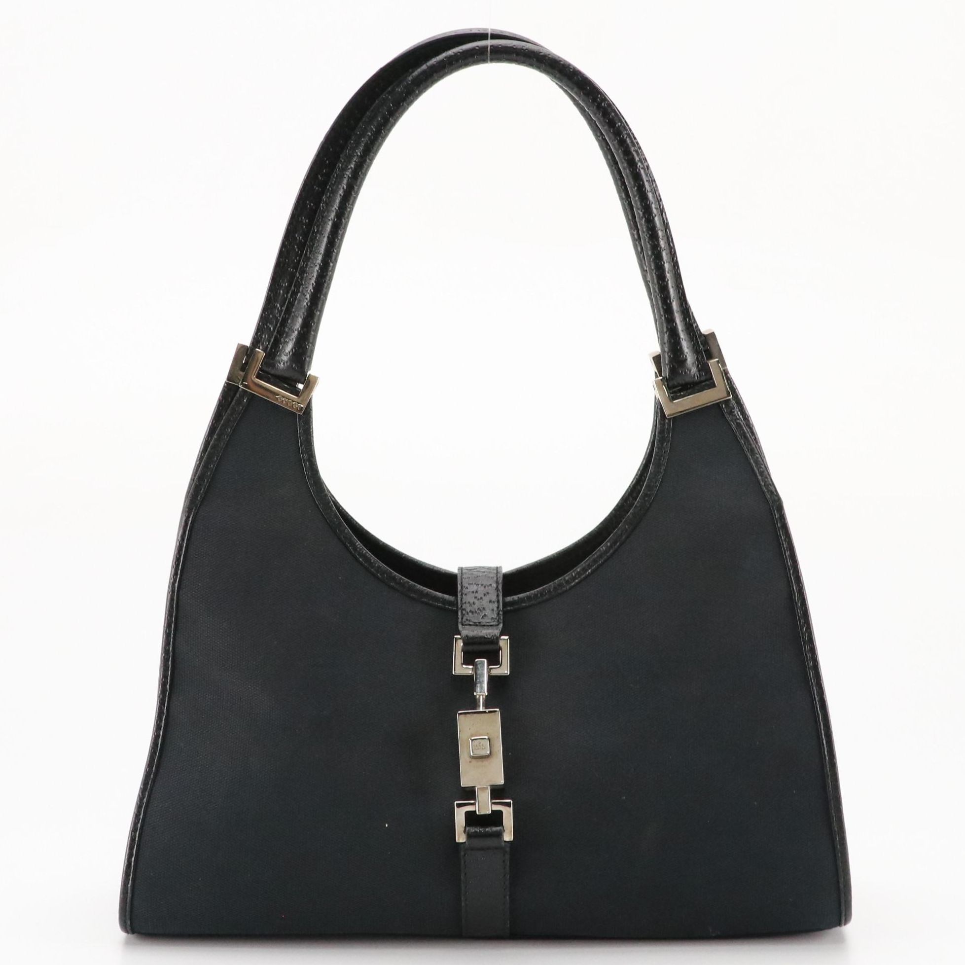 Gucci Jackie Bardot Shoulder Bag in Black GG Canvas and Leather