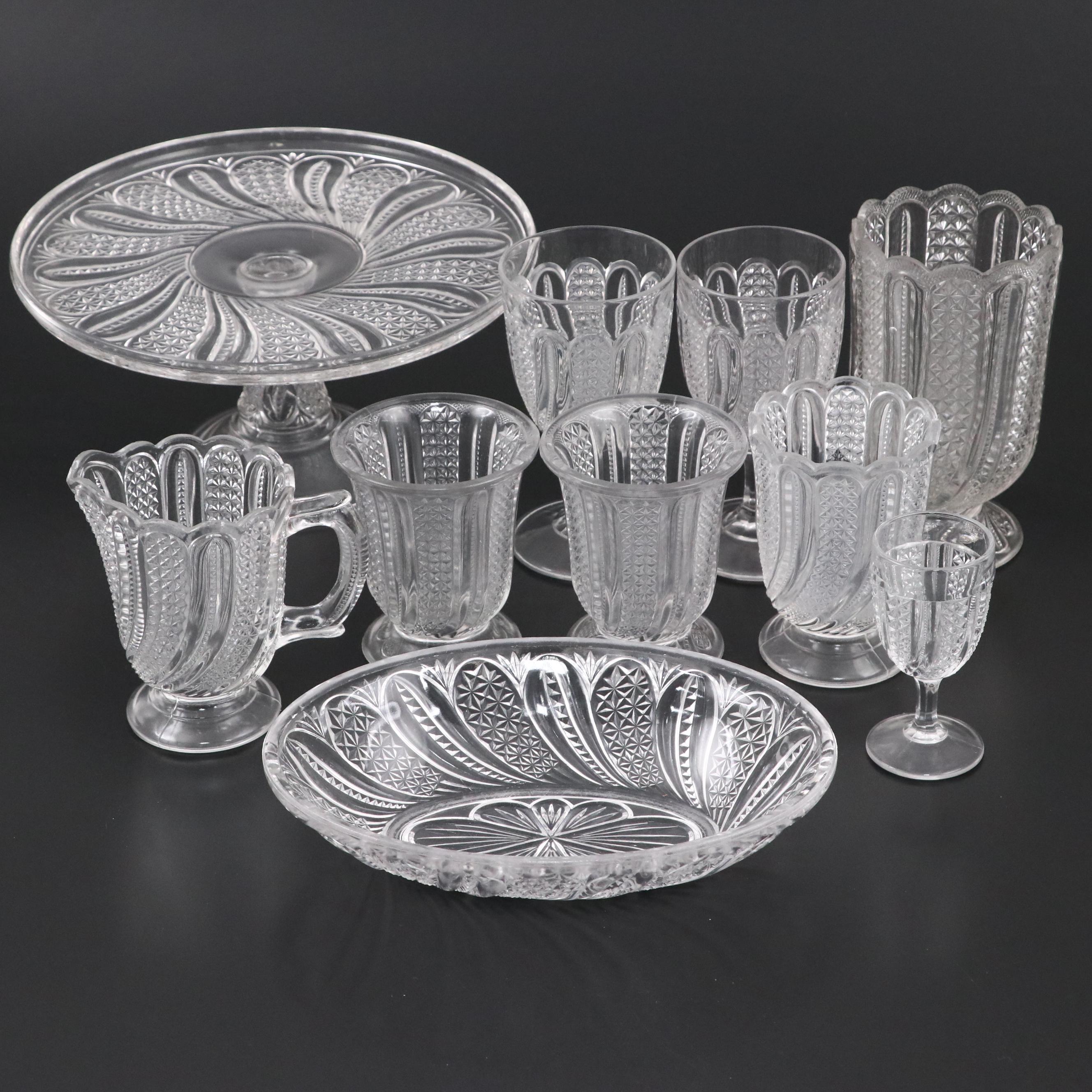 McKee "Feather" Glass Cake Stand with Celery Vase and Tableware