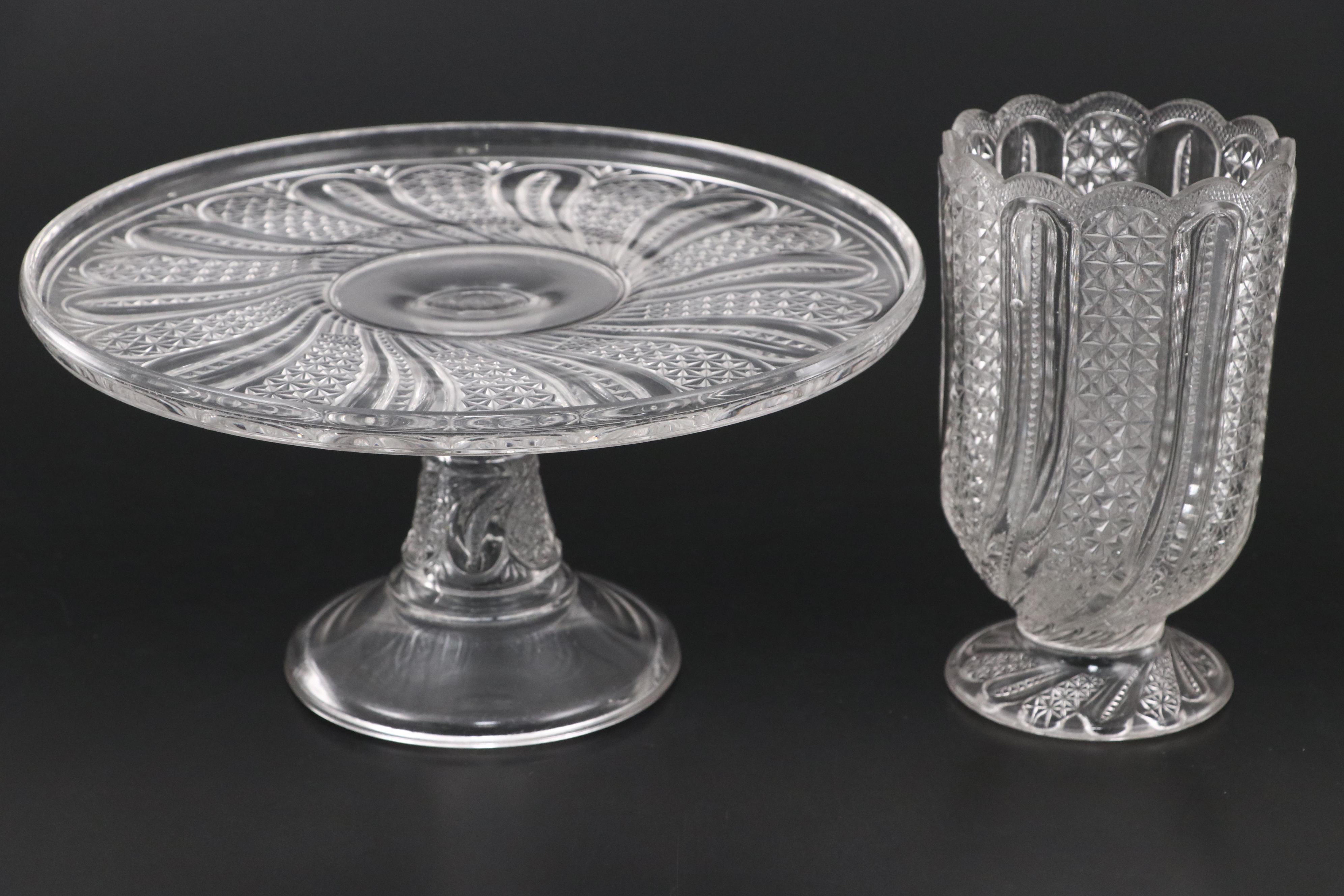 McKee "Feather" Glass Cake Stand with Celery Vase and Tableware