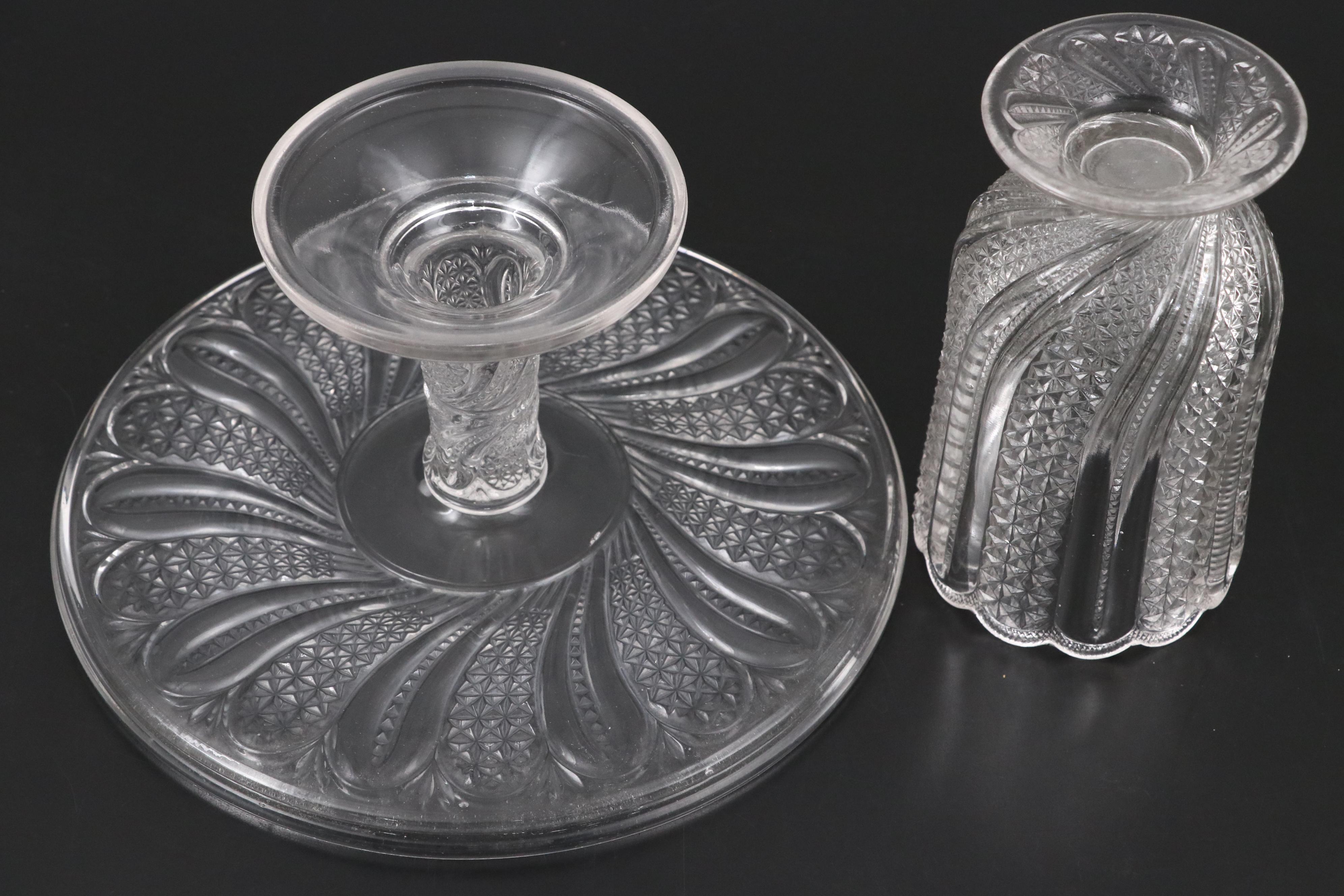 McKee "Feather" Glass Cake Stand with Celery Vase and Tableware