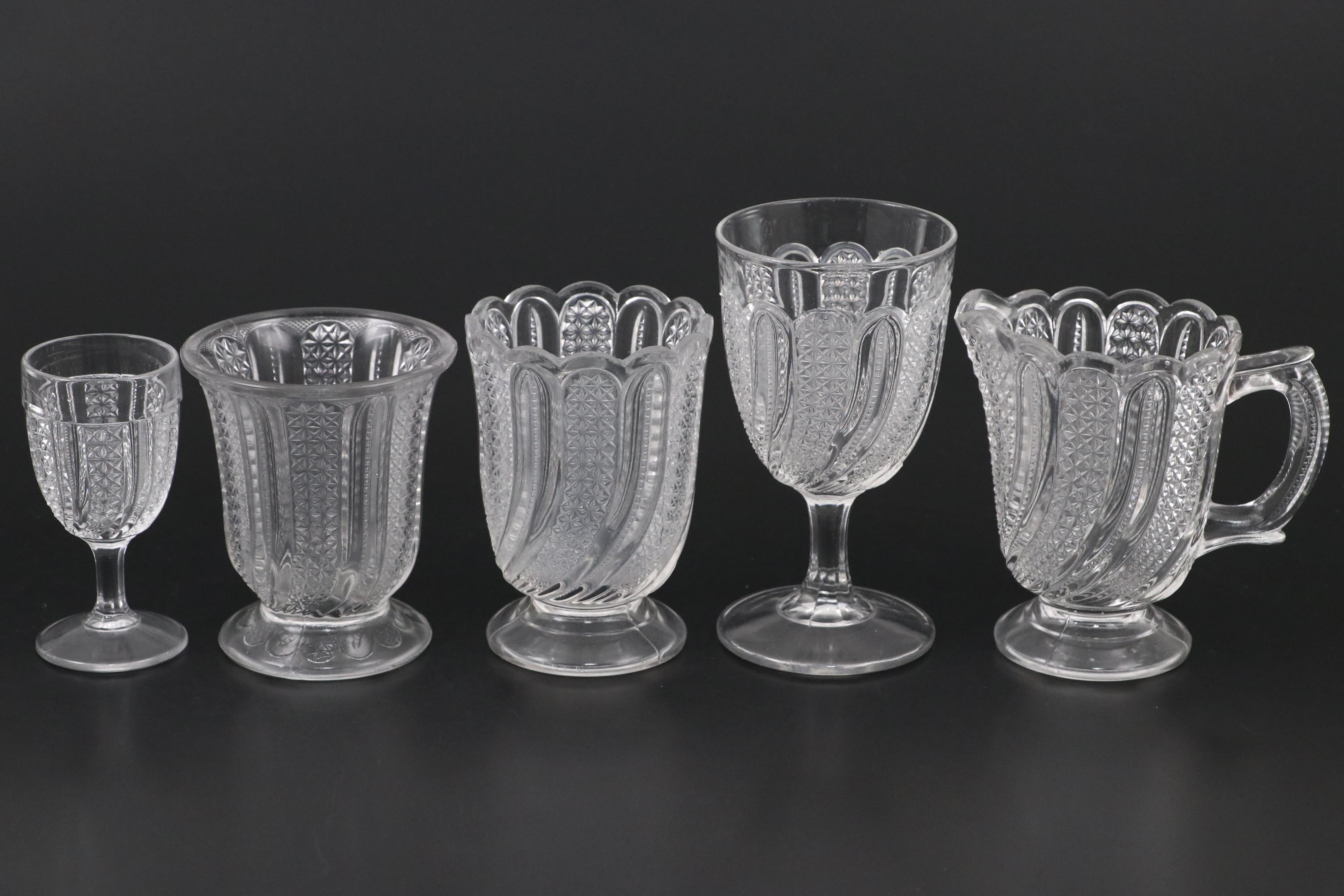 McKee "Feather" Glass Cake Stand with Celery Vase and Tableware