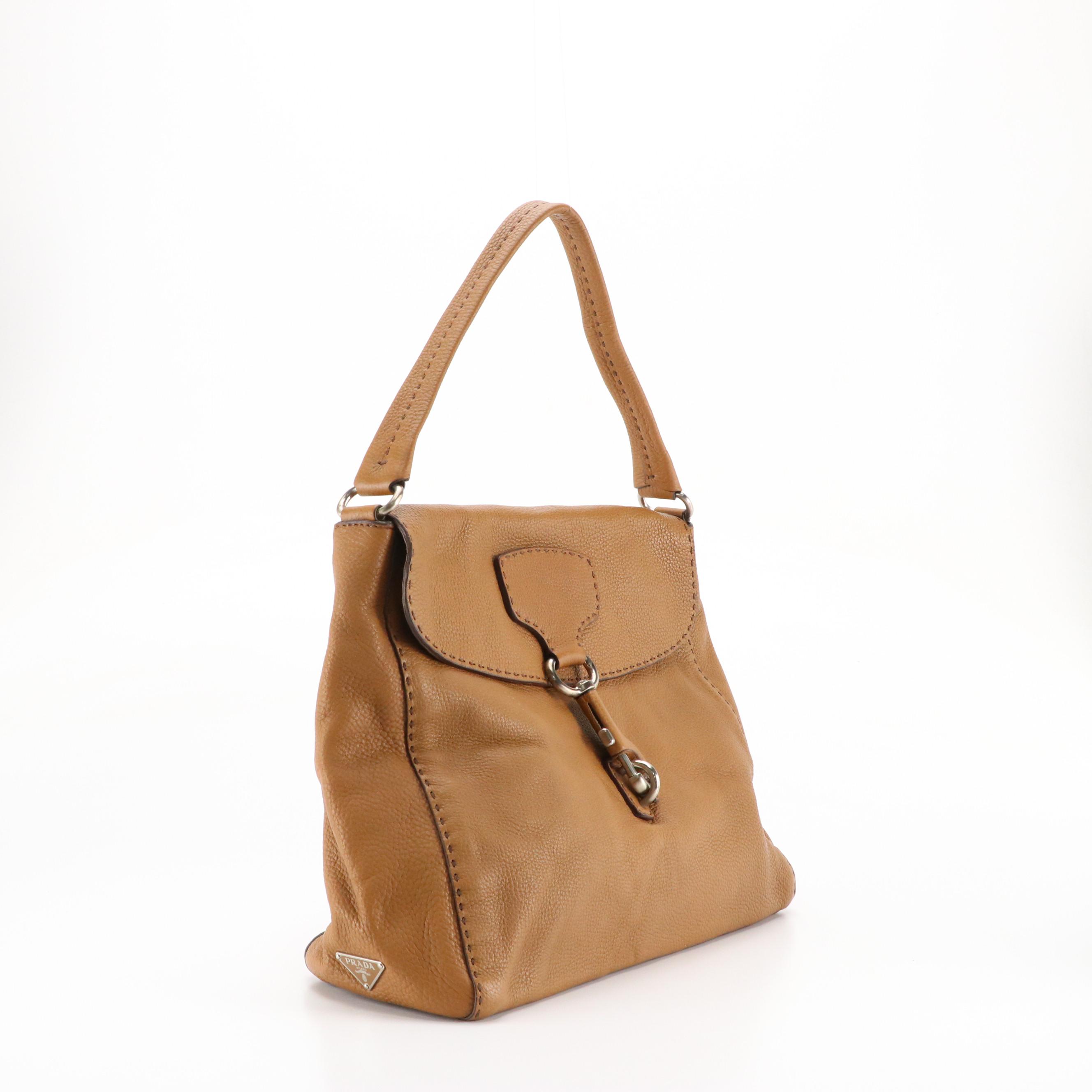Prada Hook-Front Hobo Shoulder Bag in Caramel Brown Grained Leather