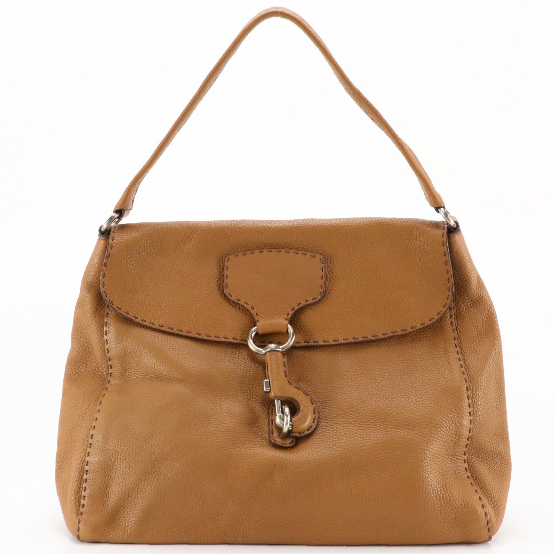 Prada Hook-Front Hobo Shoulder Bag in Caramel Brown Grained Leather
