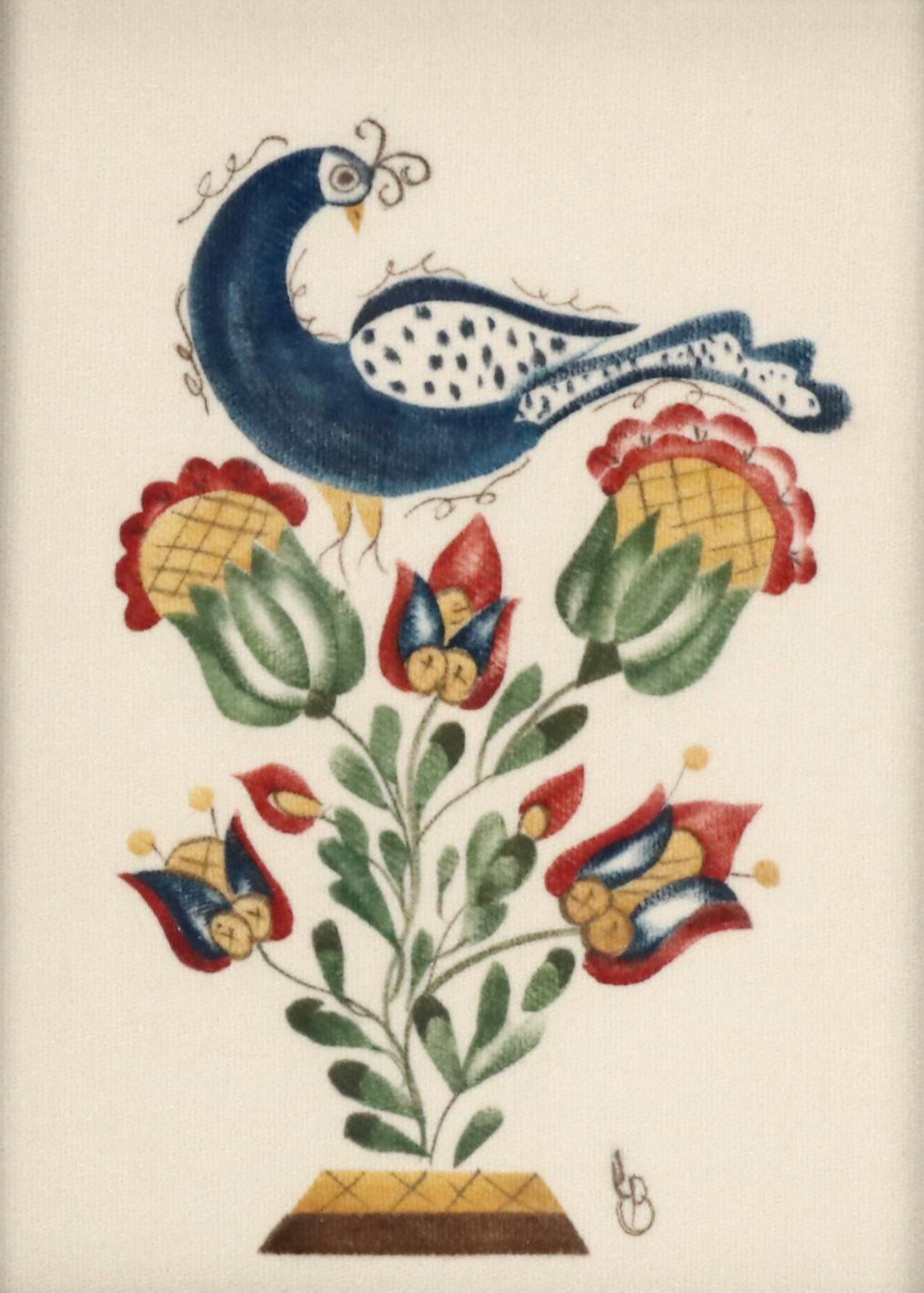 Linda L. Brown Folk Art Theorem Painting of Bird and Flowers