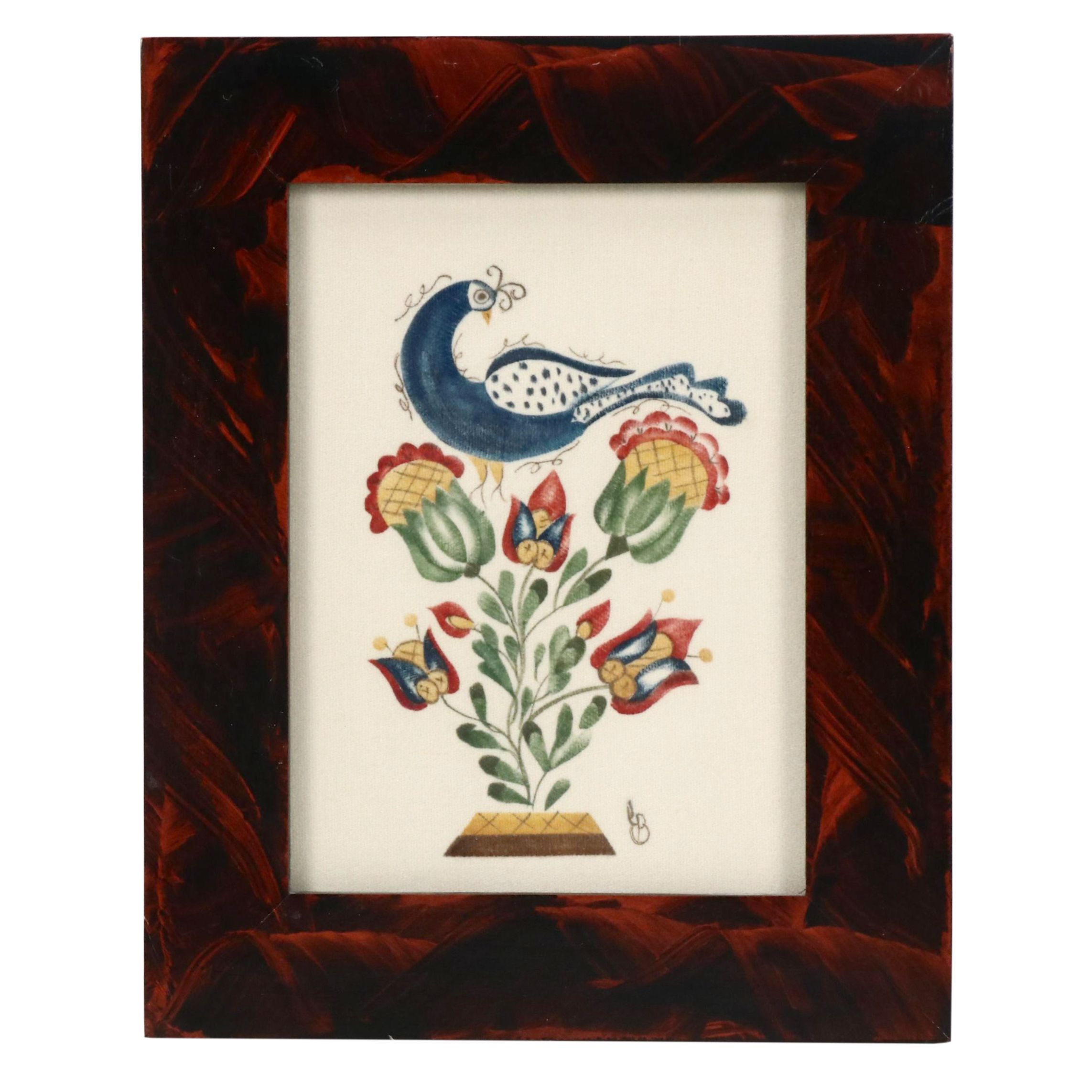 Linda L. Brown Folk Art Theorem Painting of Bird and Flowers