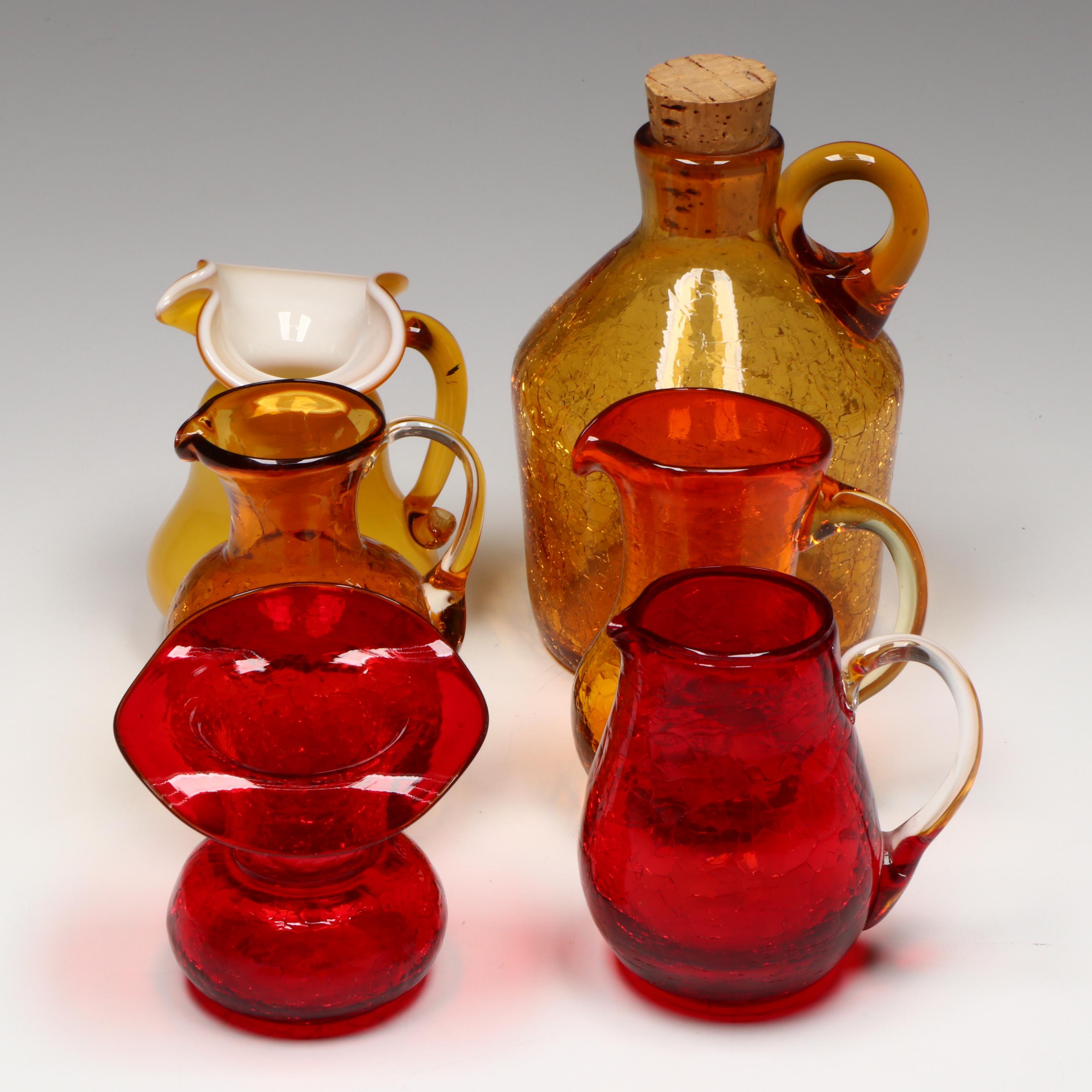 Mid Century Modern Amberina and Amber Crackle Glass Jug, Bud Vases and Pitchers