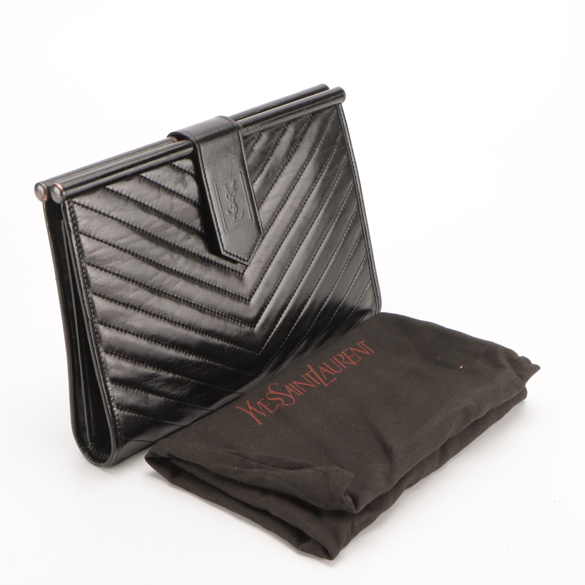 Yves Saint Laurent Hinge Clutch in Black Chevron Leather