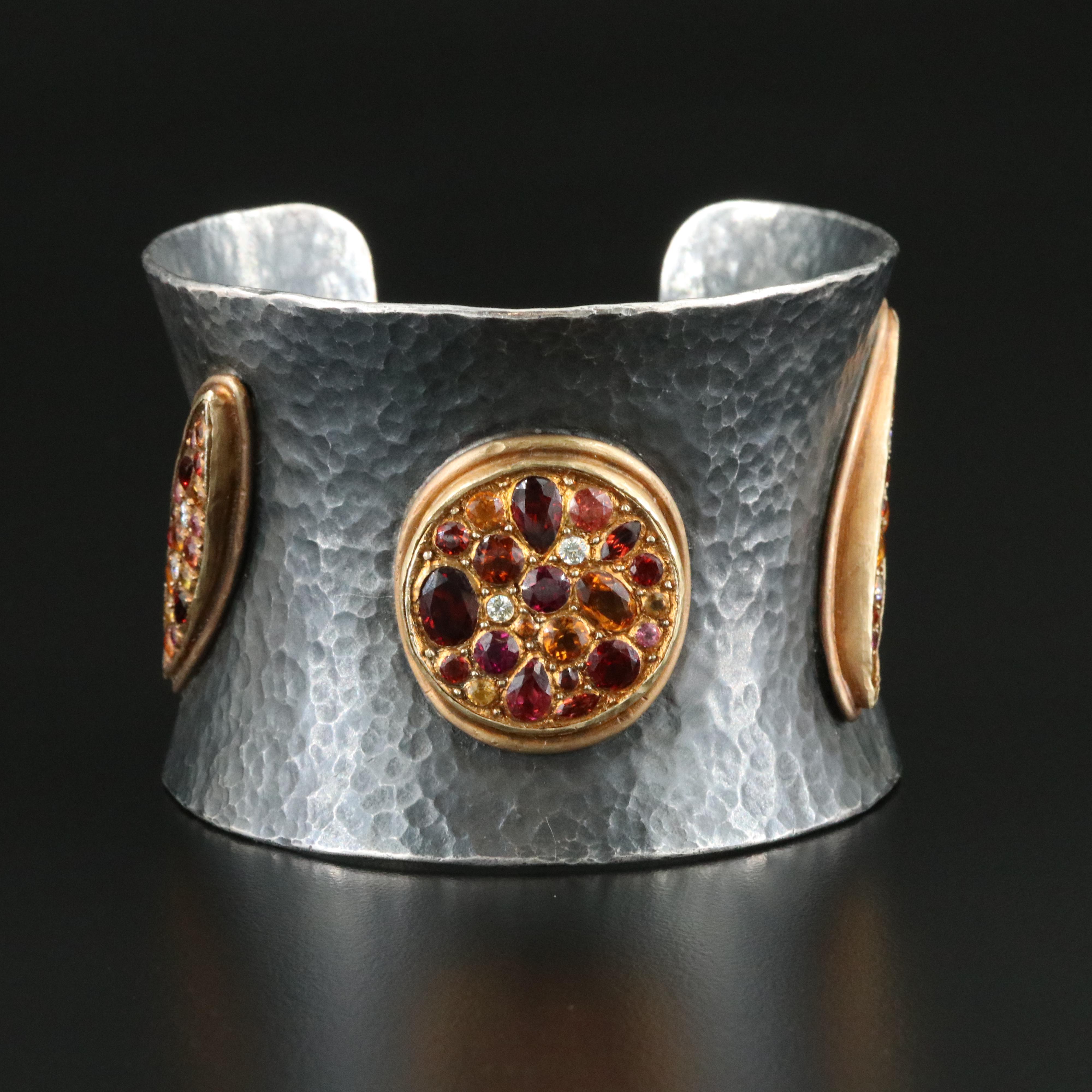 Yossi Harari Sterling and 24K Hammered Gemstone Cuff Including Diamonds