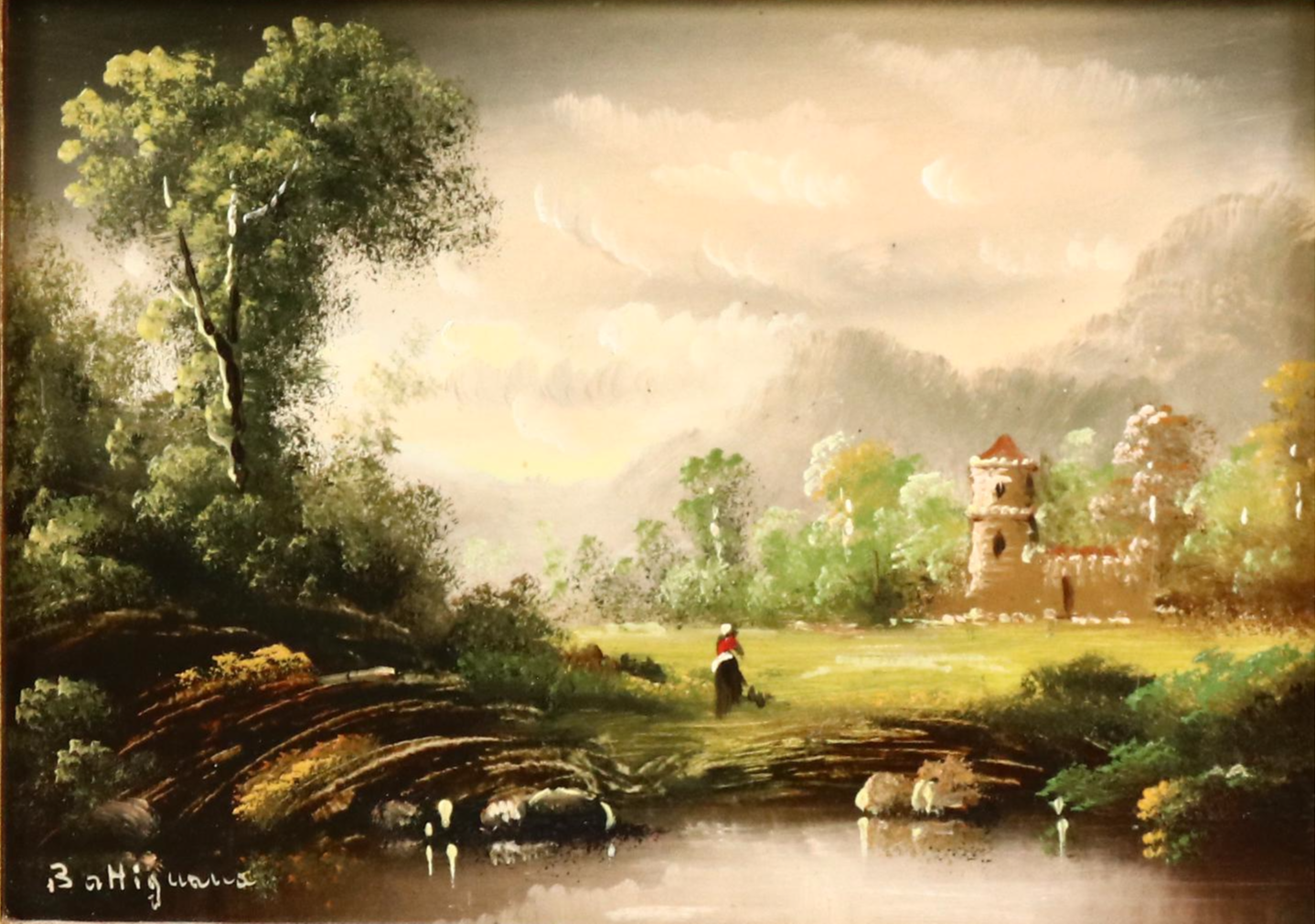 Battignana Oil Painting with Lakeside Residence, 20th Century