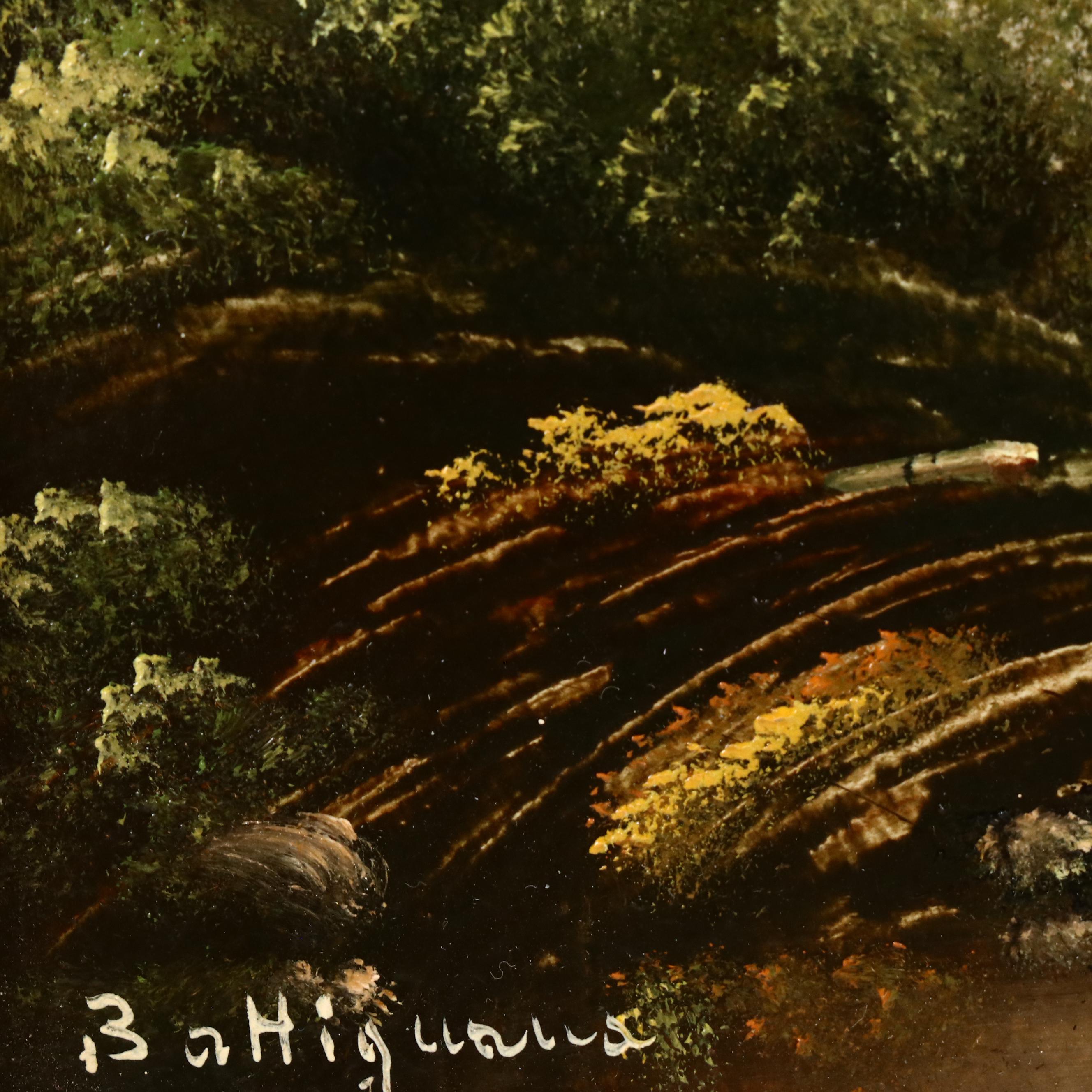 Battignana Oil Painting with Lakeside Residence, 20th Century