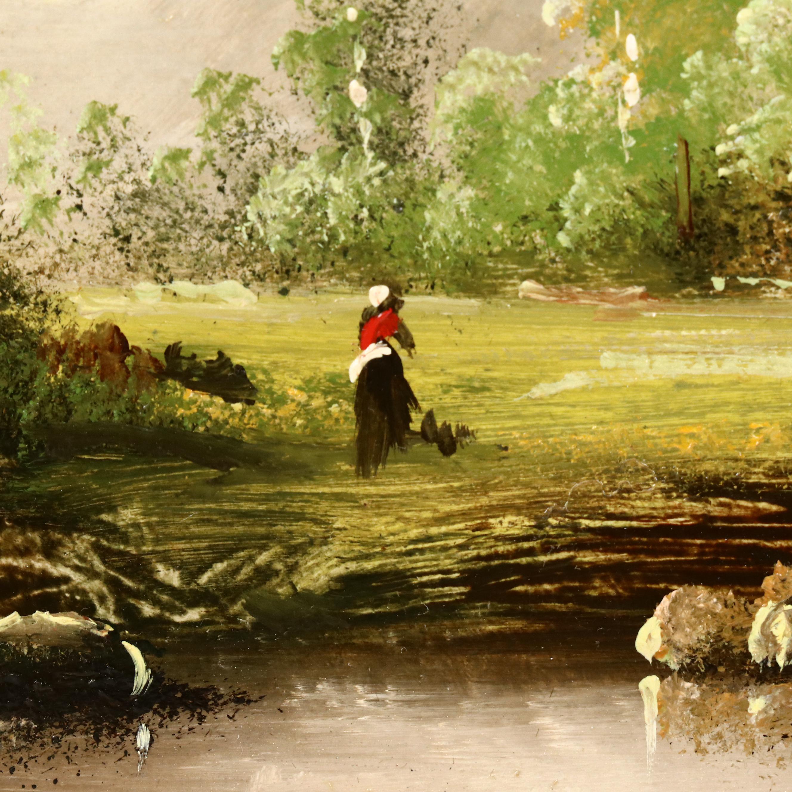 Battignana Oil Painting with Lakeside Residence, 20th Century