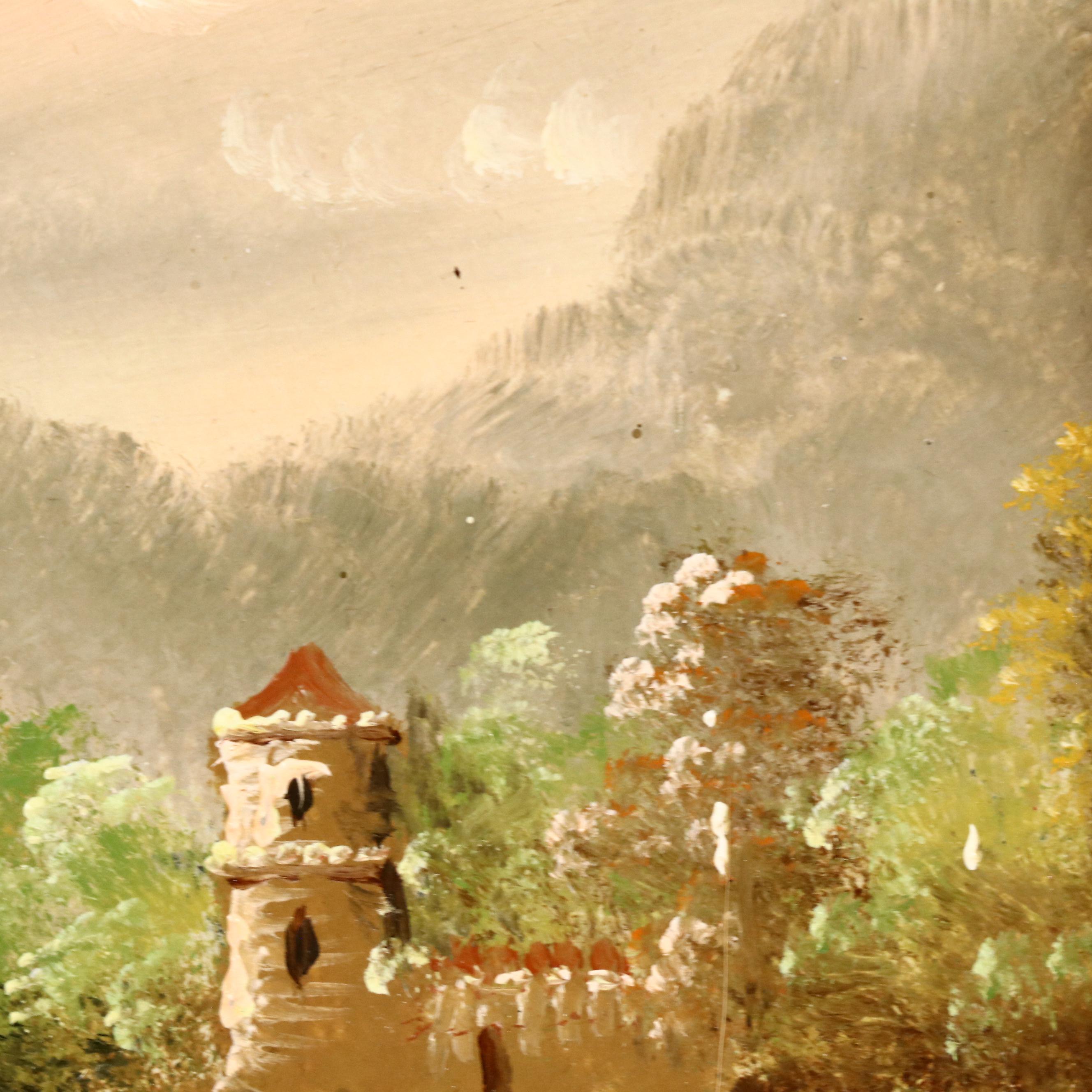 Battignana Oil Painting with Lakeside Residence, 20th Century