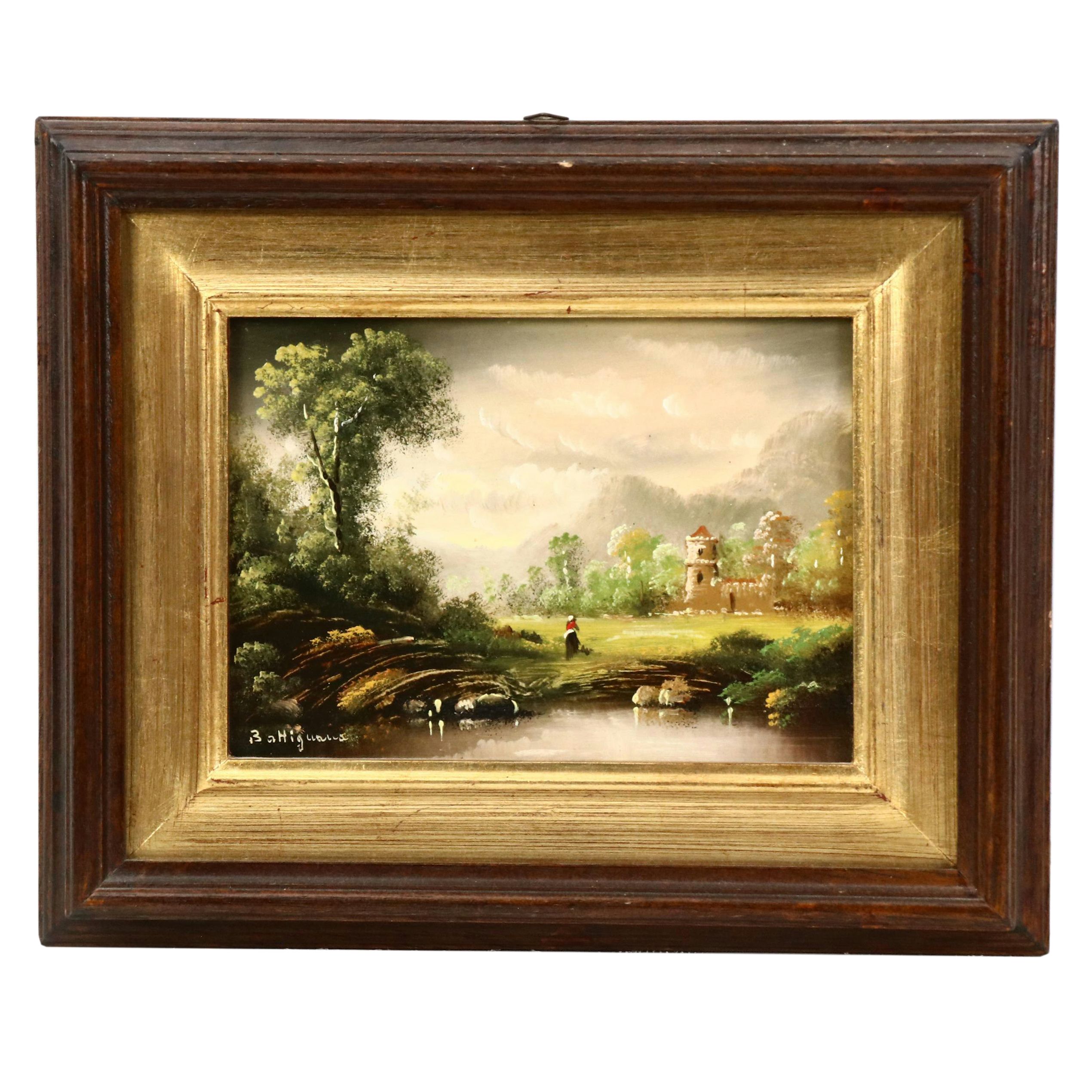 Battignana Oil Painting with Lakeside Residence, 20th Century