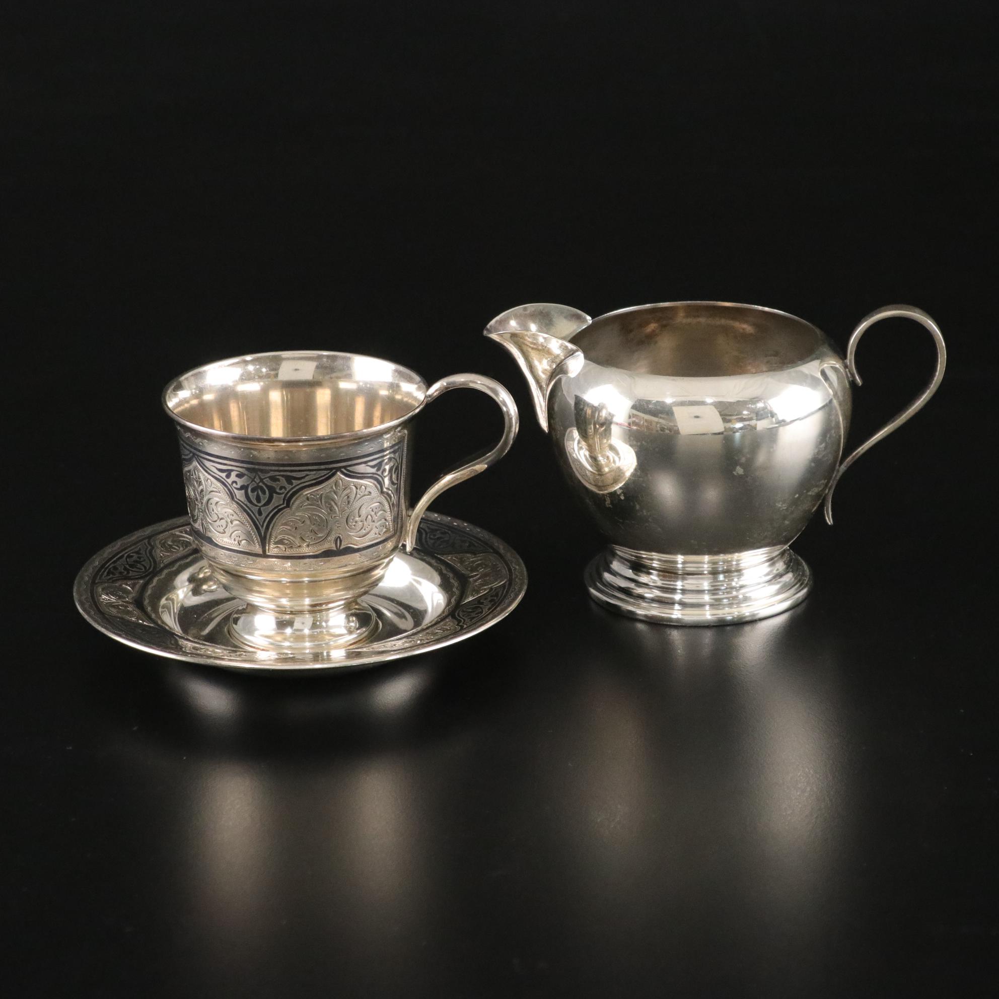 Steiff Sterling Creamer with Russian Silver Niello Cup and Saucer