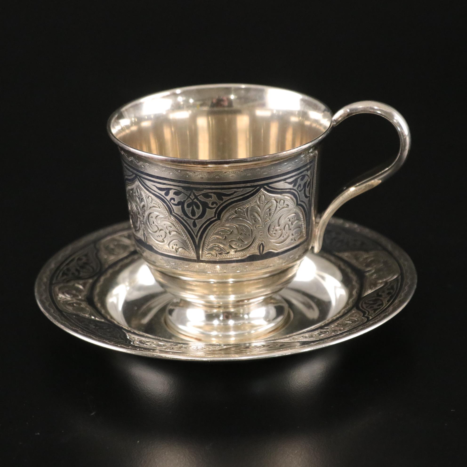 Steiff Sterling Creamer with Russian Silver Niello Cup and Saucer