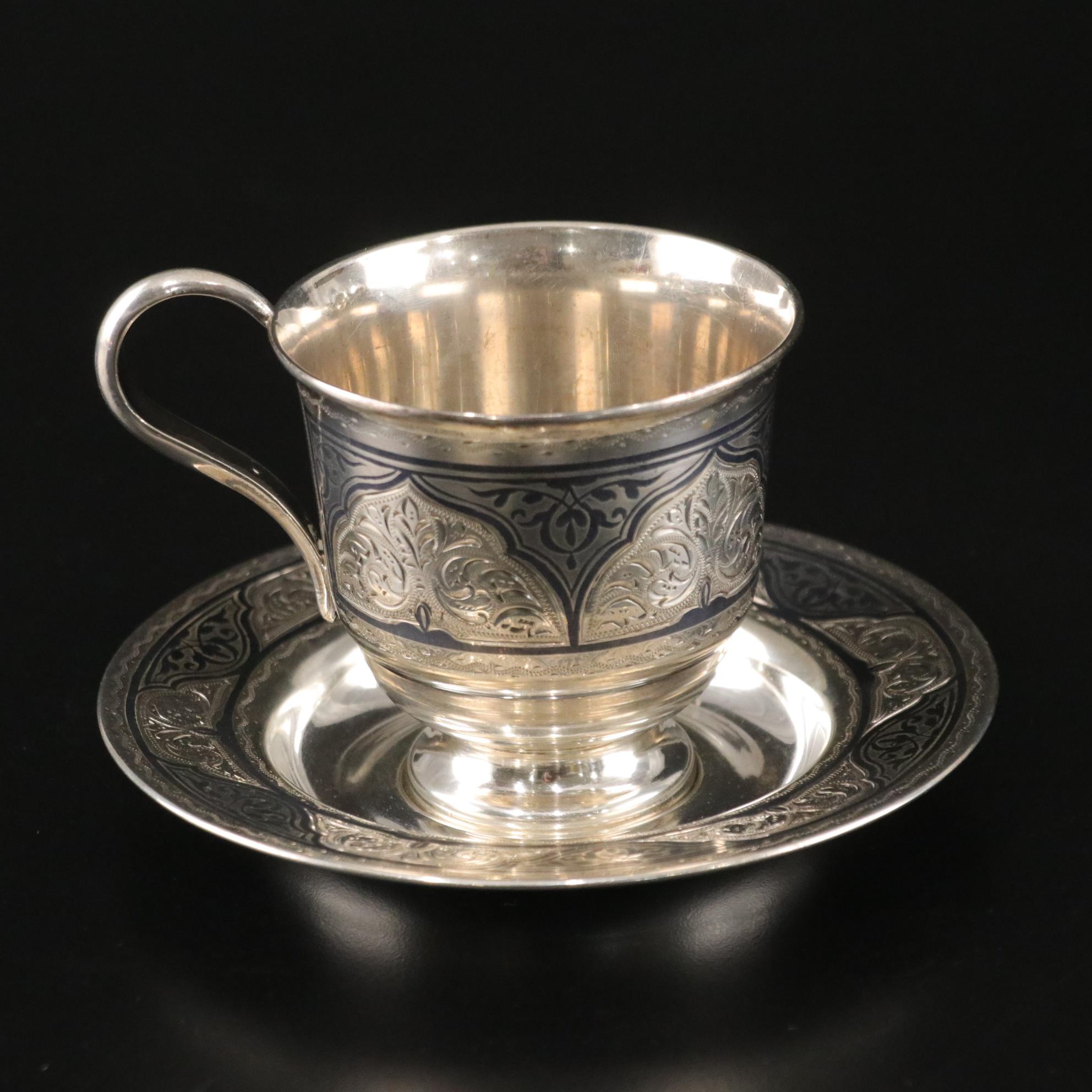 Steiff Sterling Creamer with Russian Silver Niello Cup and Saucer