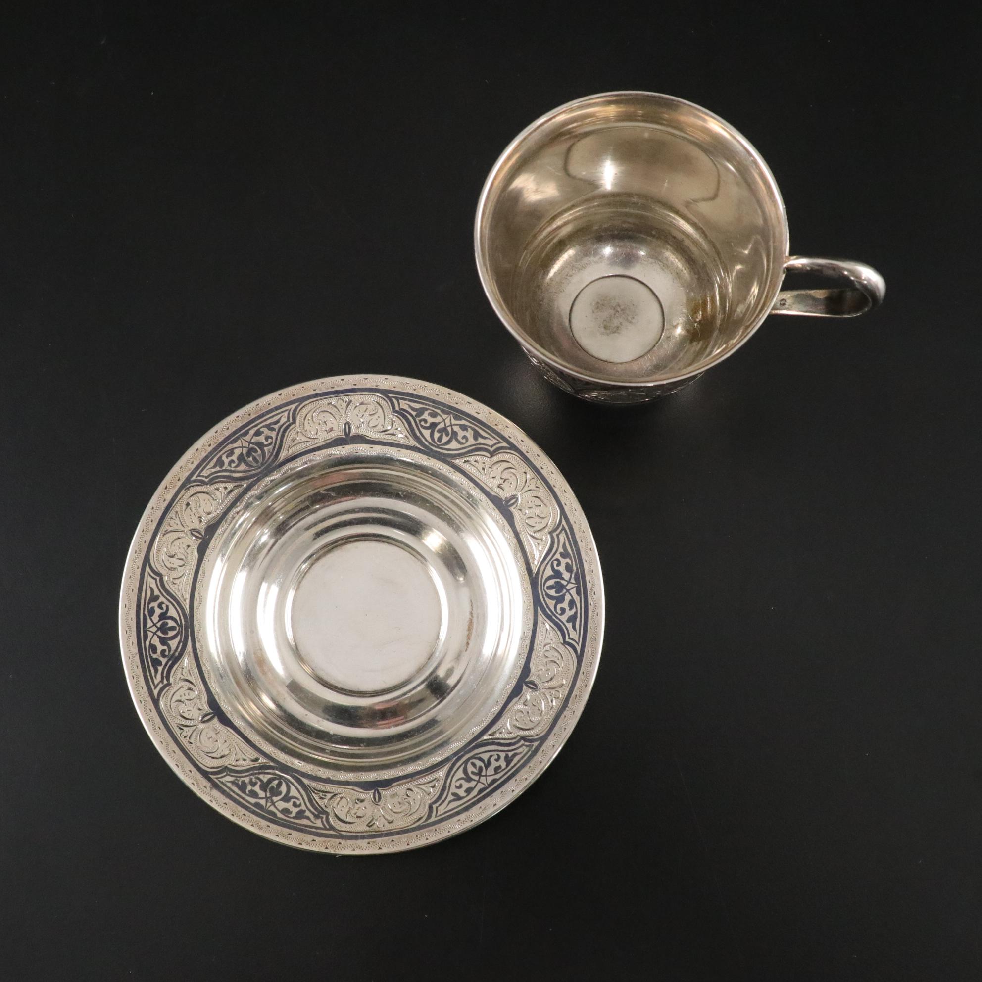 Steiff Sterling Creamer with Russian Silver Niello Cup and Saucer