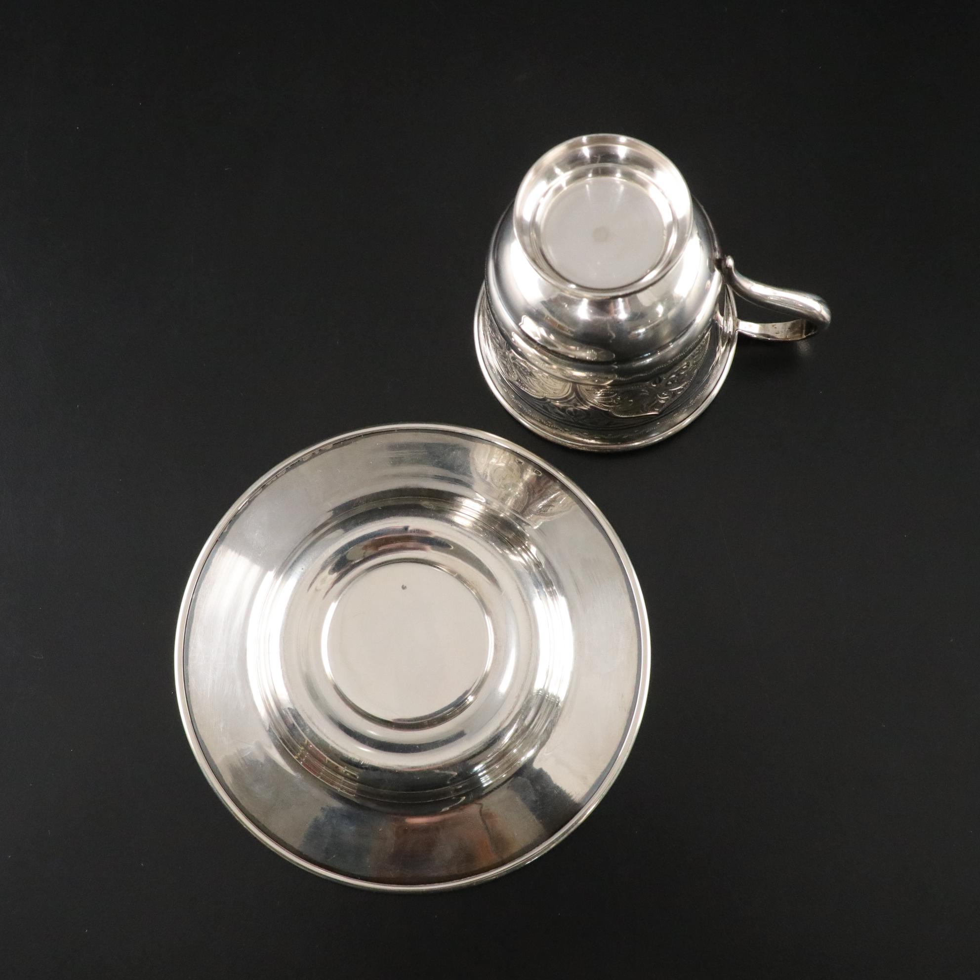 Steiff Sterling Creamer with Russian Silver Niello Cup and Saucer