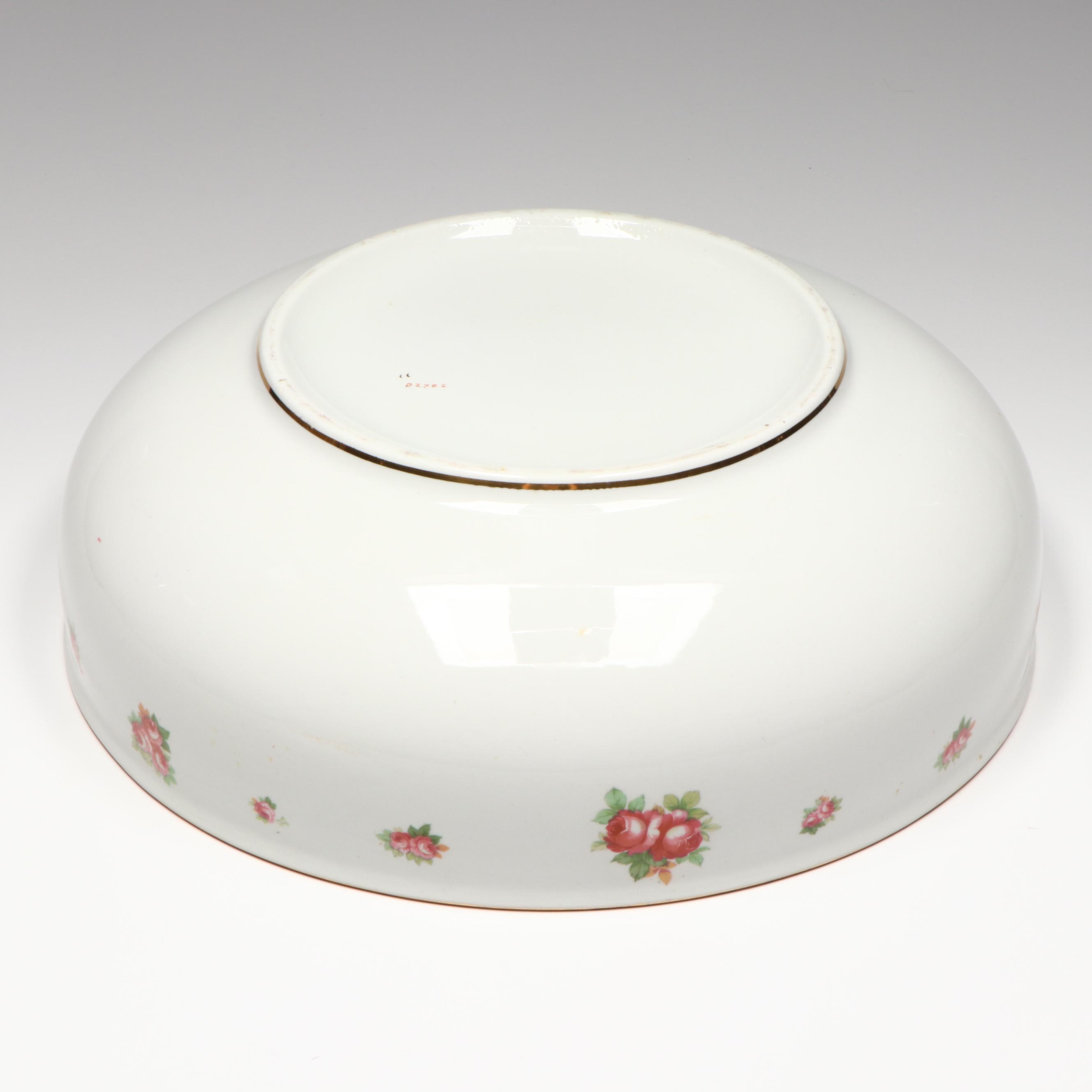 Haviland Style Gilt Edge Porcelain Basin or Serving Bowl with Rose Cluster Motif