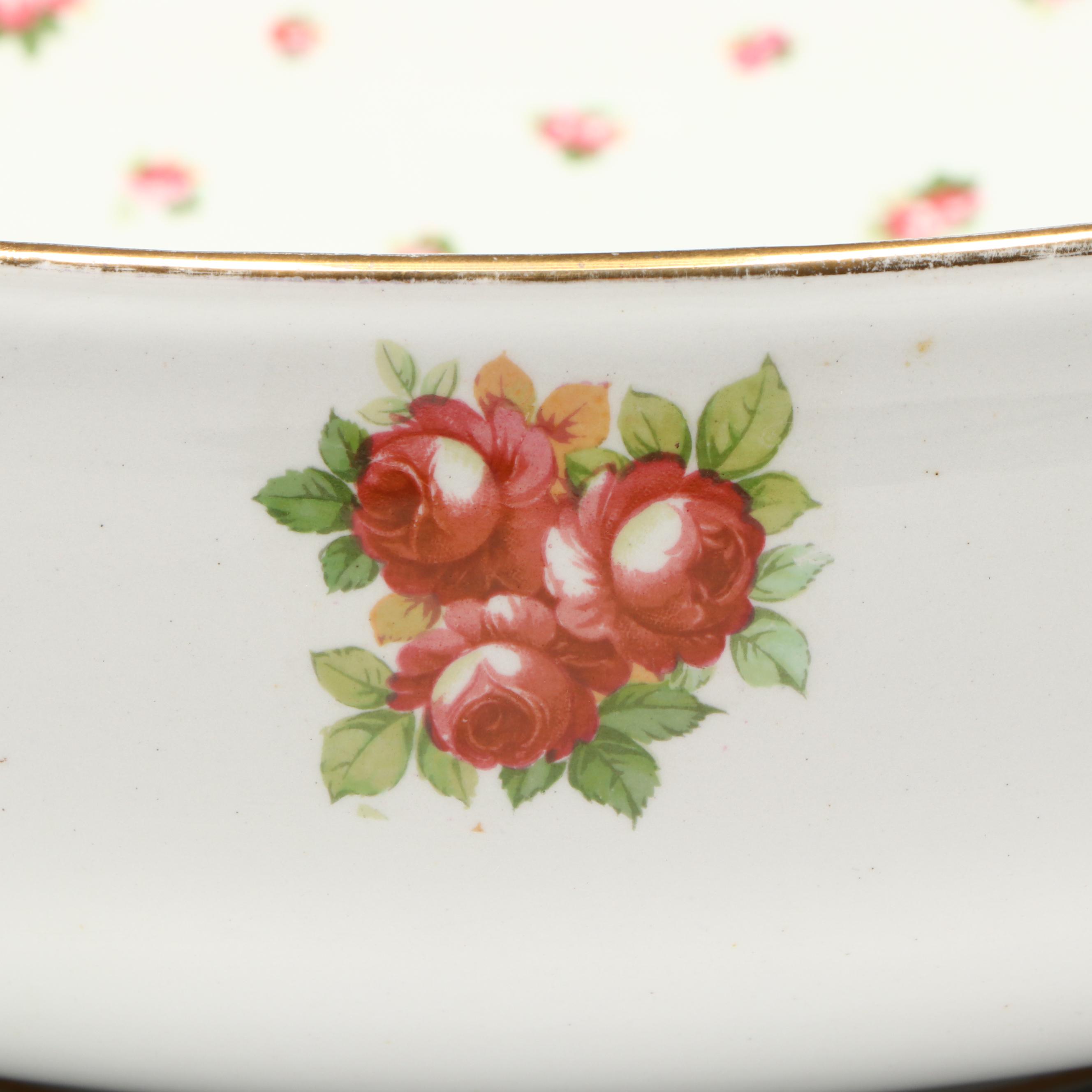 Haviland Style Gilt Edge Porcelain Basin or Serving Bowl with Rose Cluster Motif