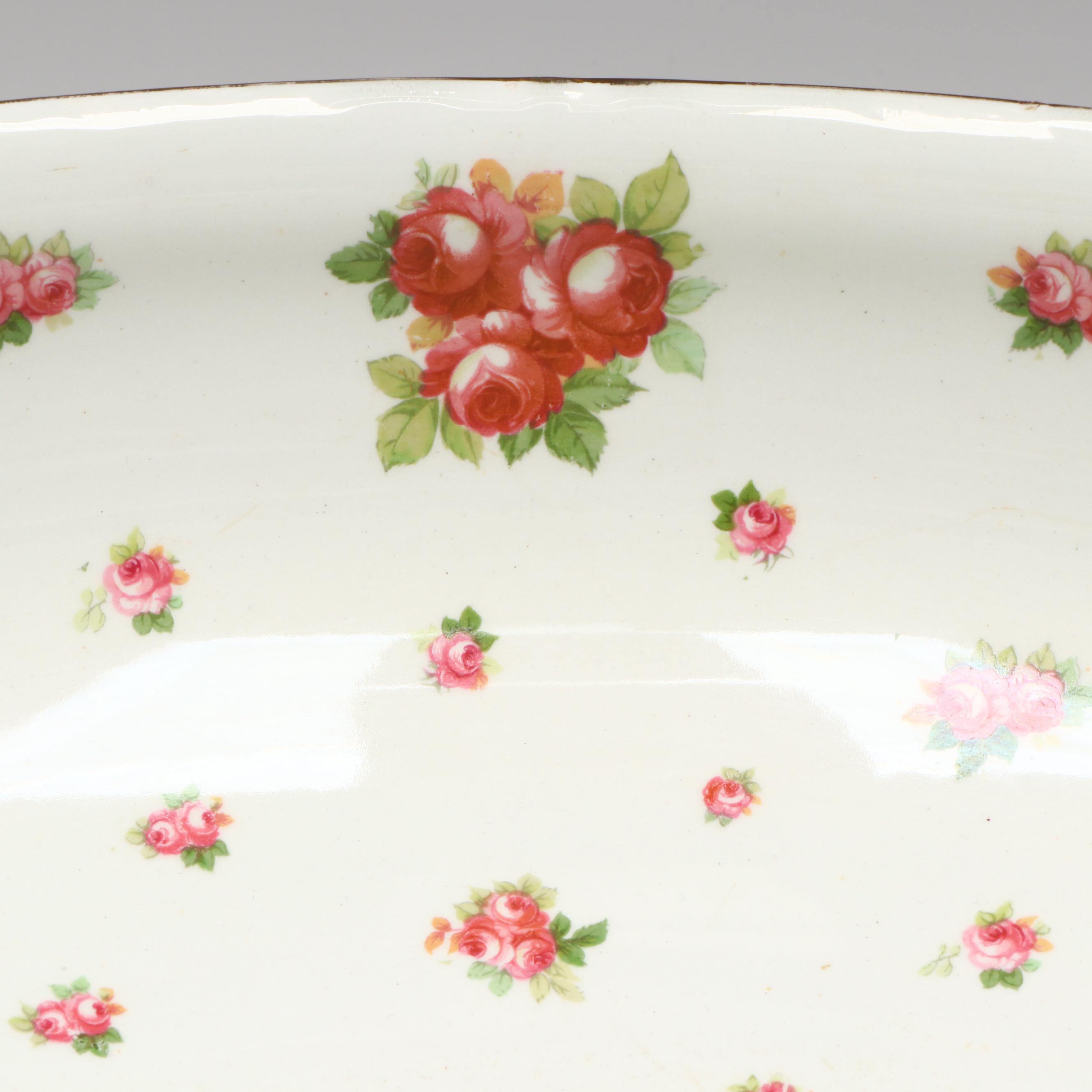 Haviland Style Gilt Edge Porcelain Basin or Serving Bowl with Rose Cluster Motif