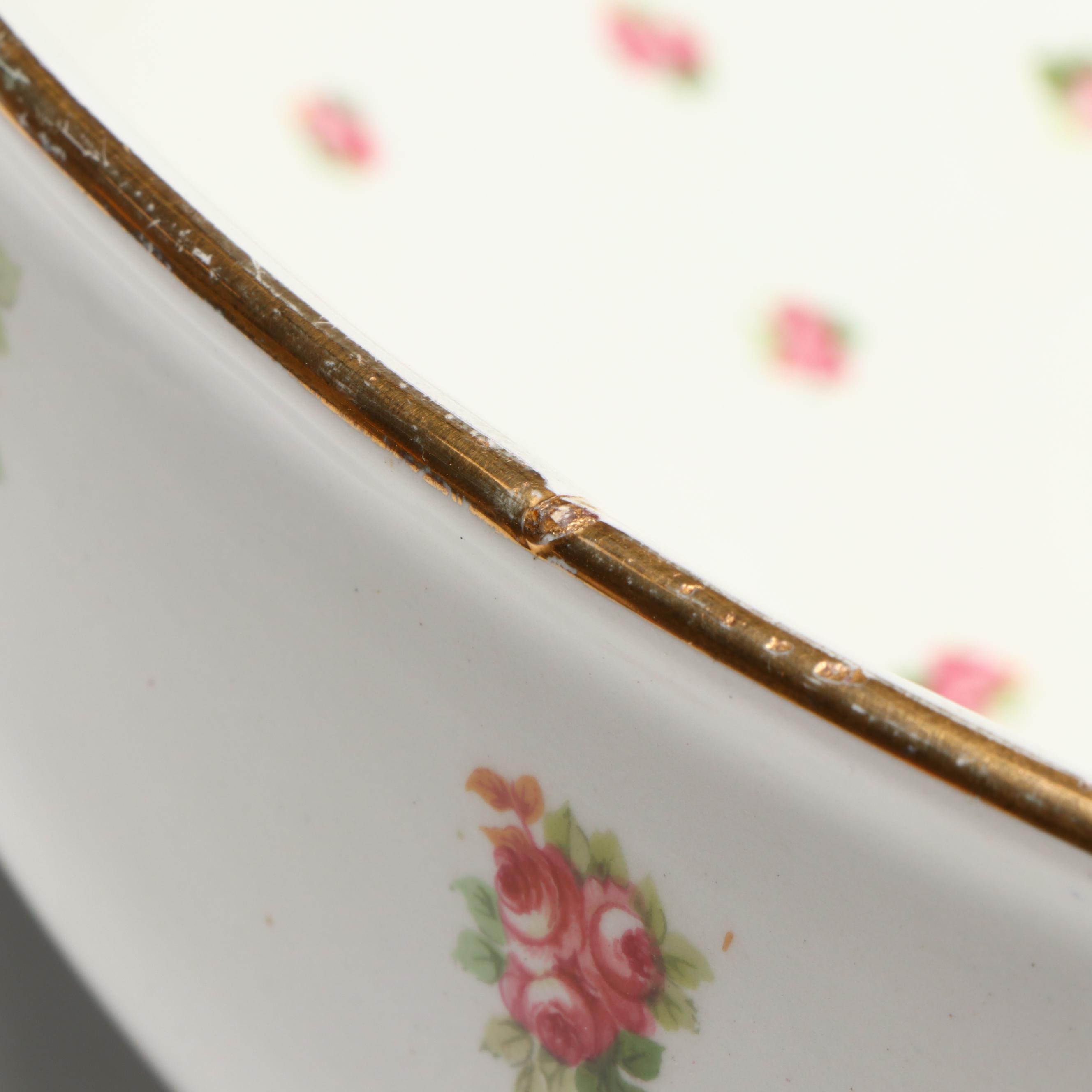 Haviland Style Gilt Edge Porcelain Basin or Serving Bowl with Rose Cluster Motif