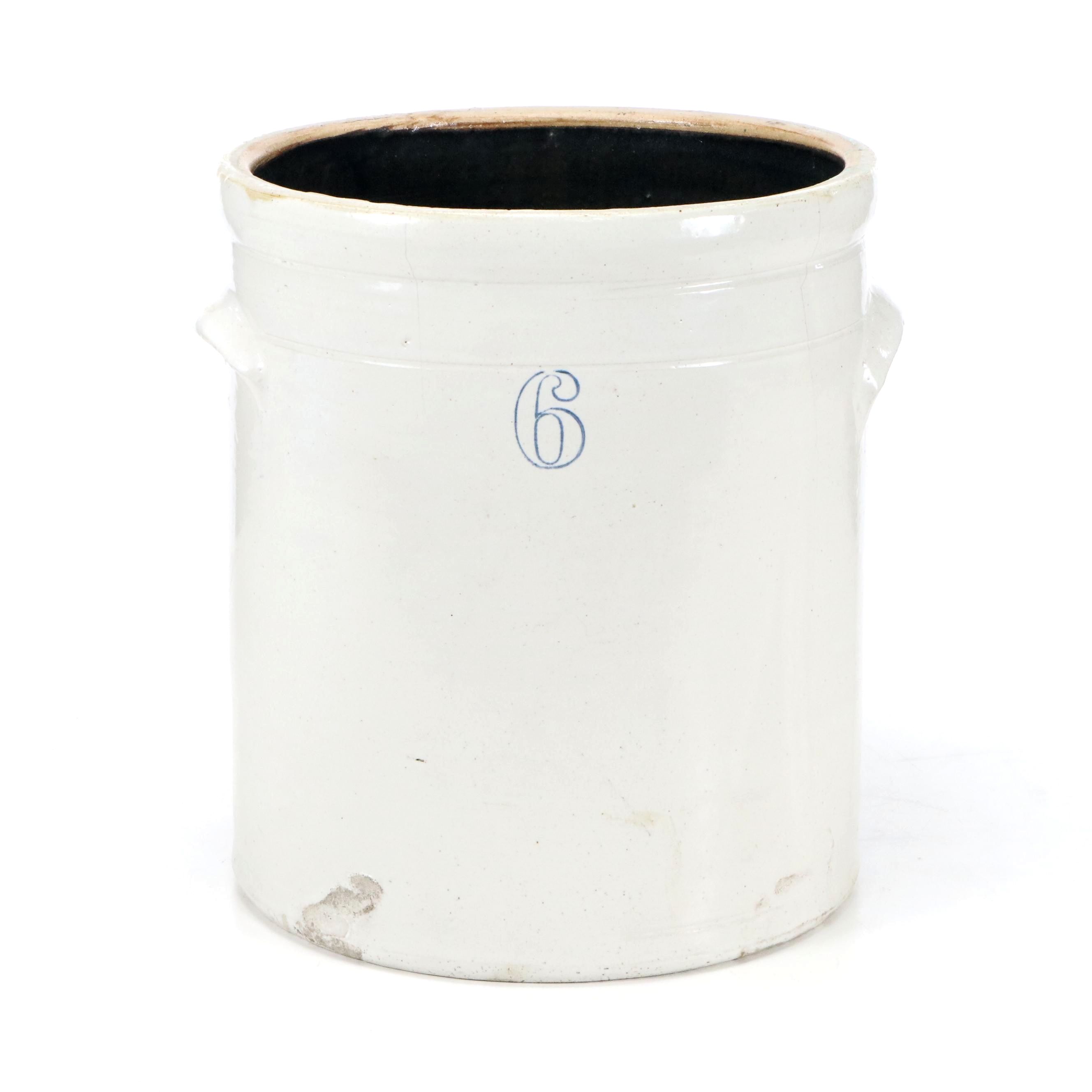 American Salt Glazed Stoneware Six-Gallon Crock with Elephant Ear Handles