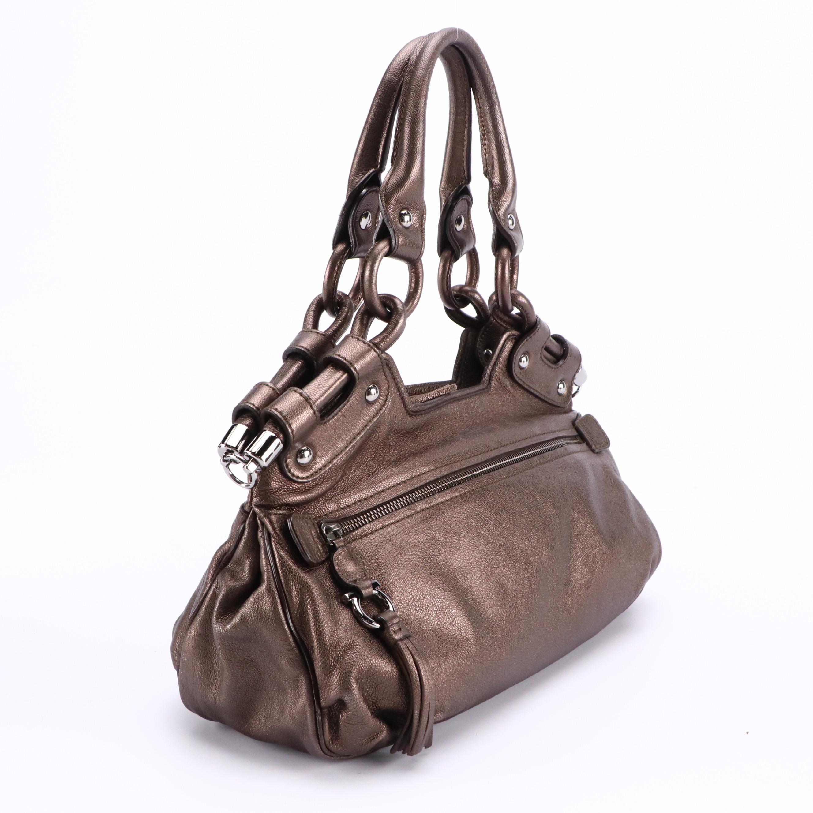 Salvatore Ferragamo Front Zip Hinged Shoulder Bag in Metallic Bronze Leather