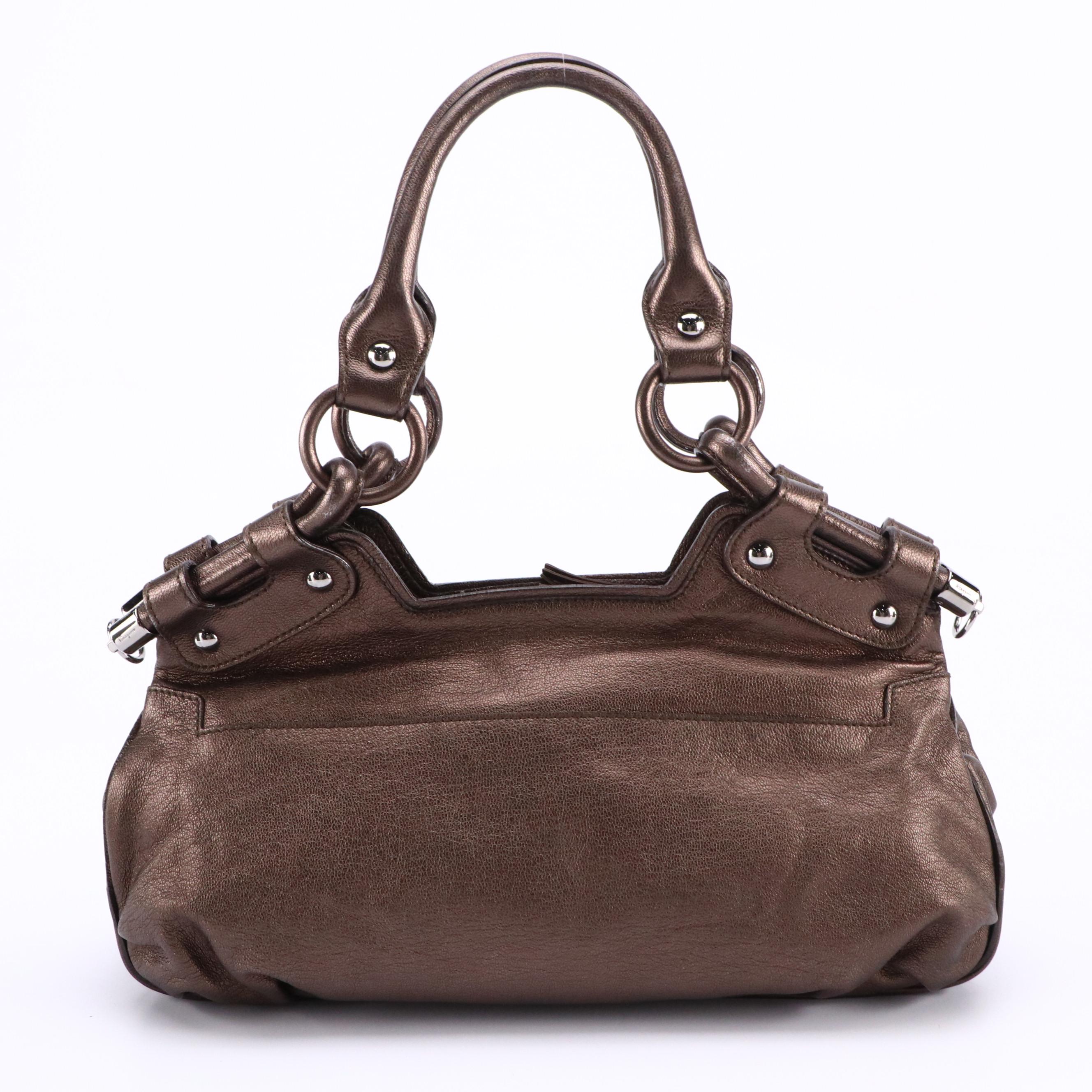 Salvatore Ferragamo Front Zip Hinged Shoulder Bag in Metallic Bronze Leather