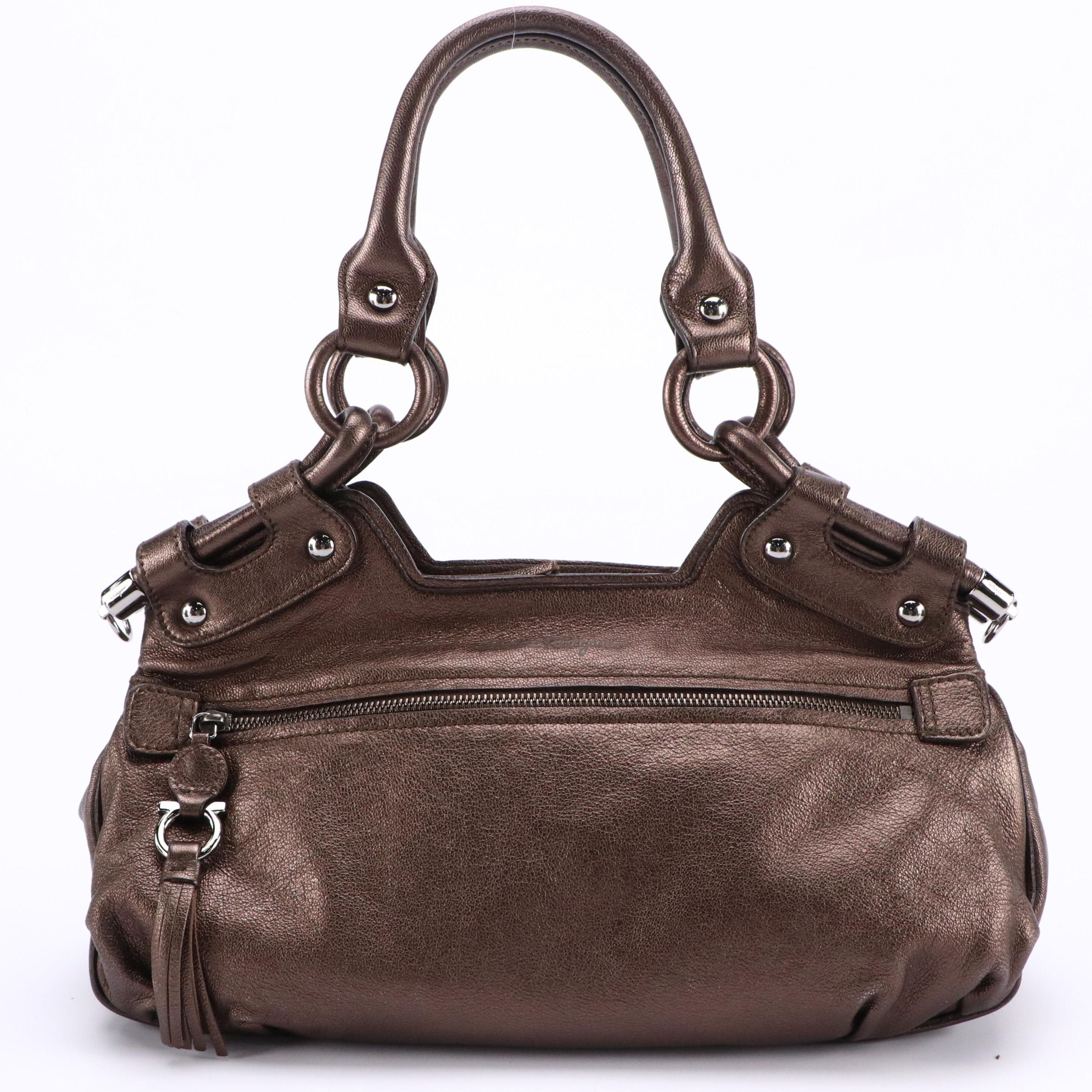 Salvatore Ferragamo Front Zip Hinged Shoulder Bag in Metallic Bronze Leather