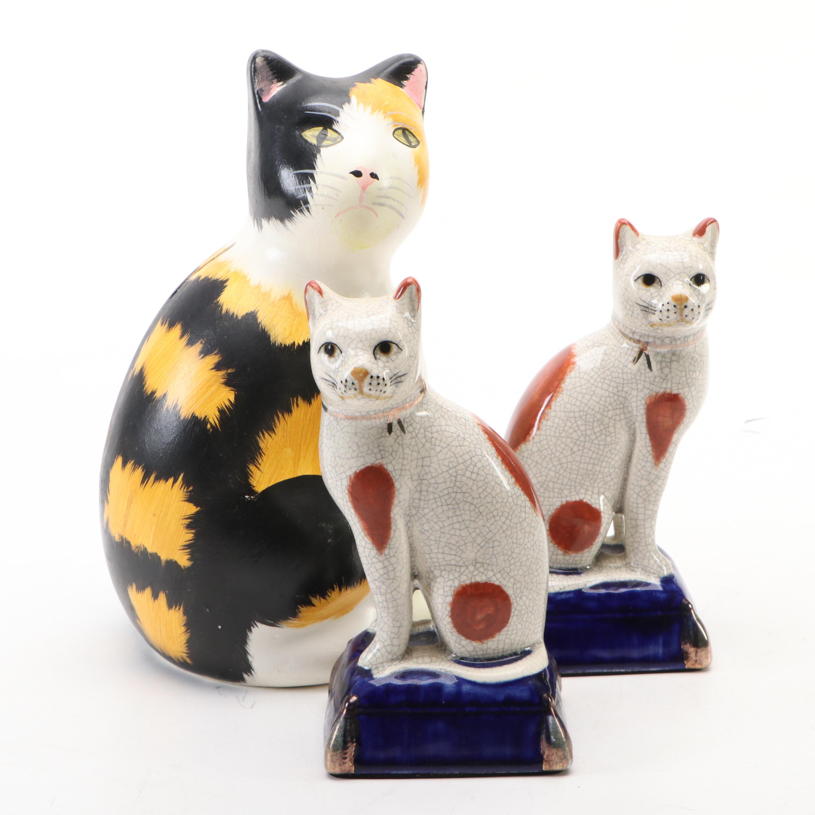 Fitz and Floyd Staffordshire Style Ceramic Cat Figurines with Bank