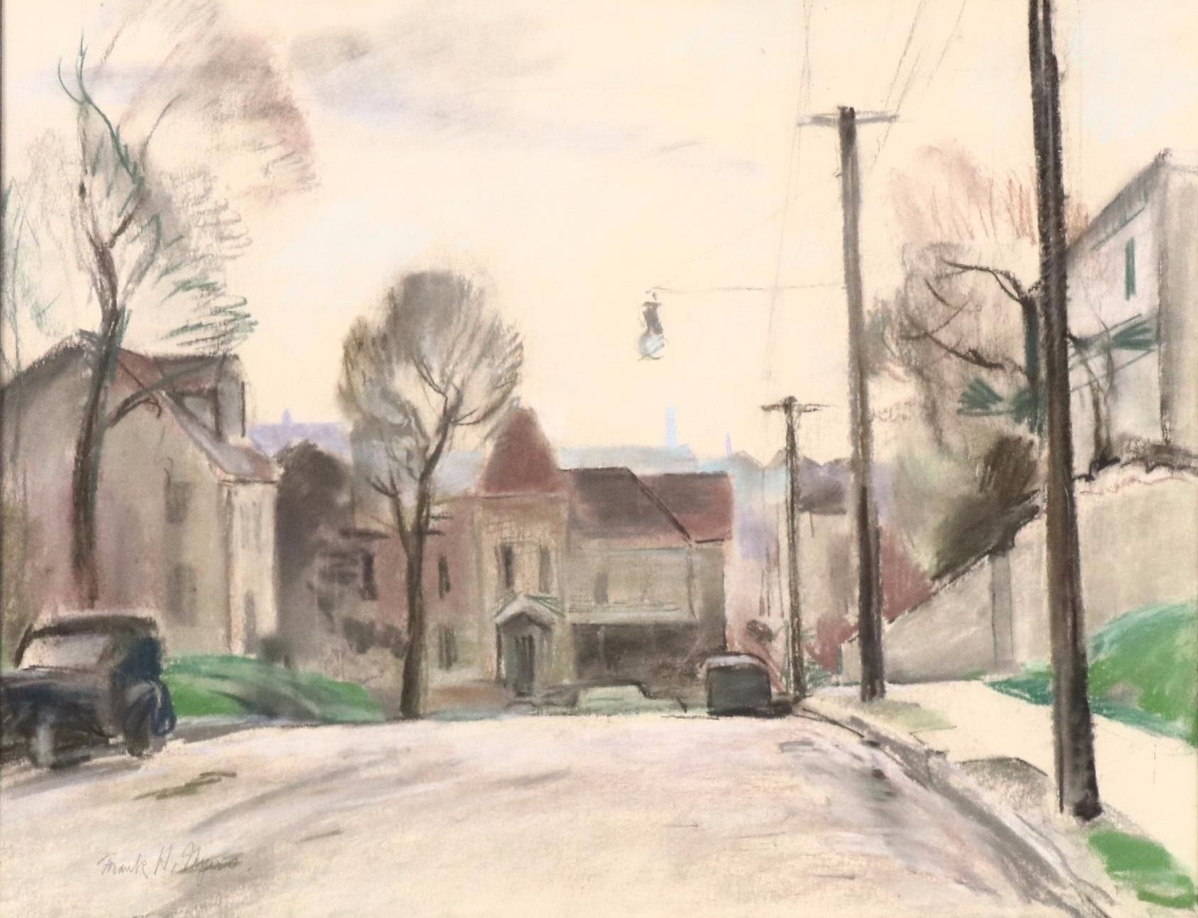 Frank H. Myers Pastel Drawing of Neighborhood Street Scene