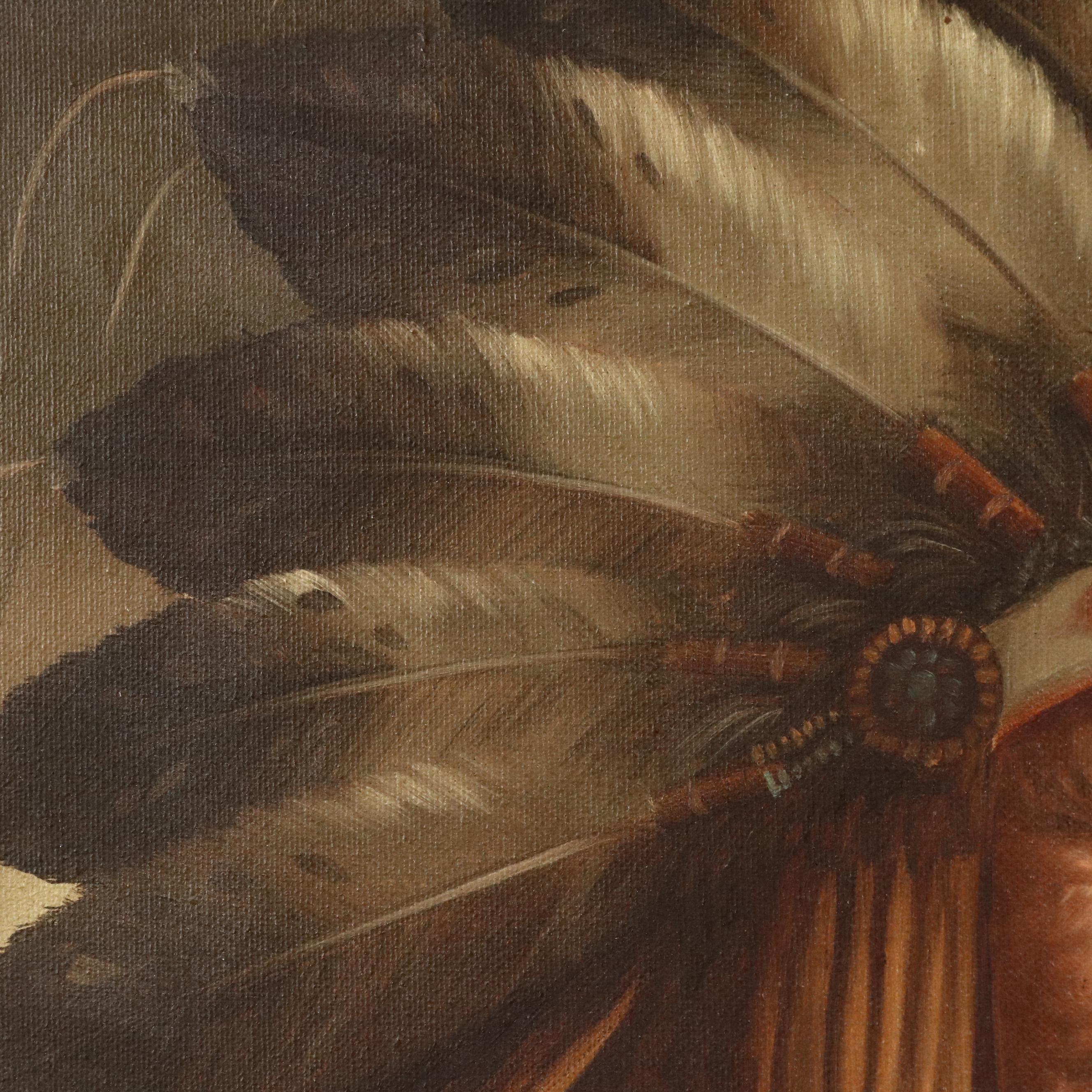 Oil Painting After Kenneth Su Portrait of a Native American